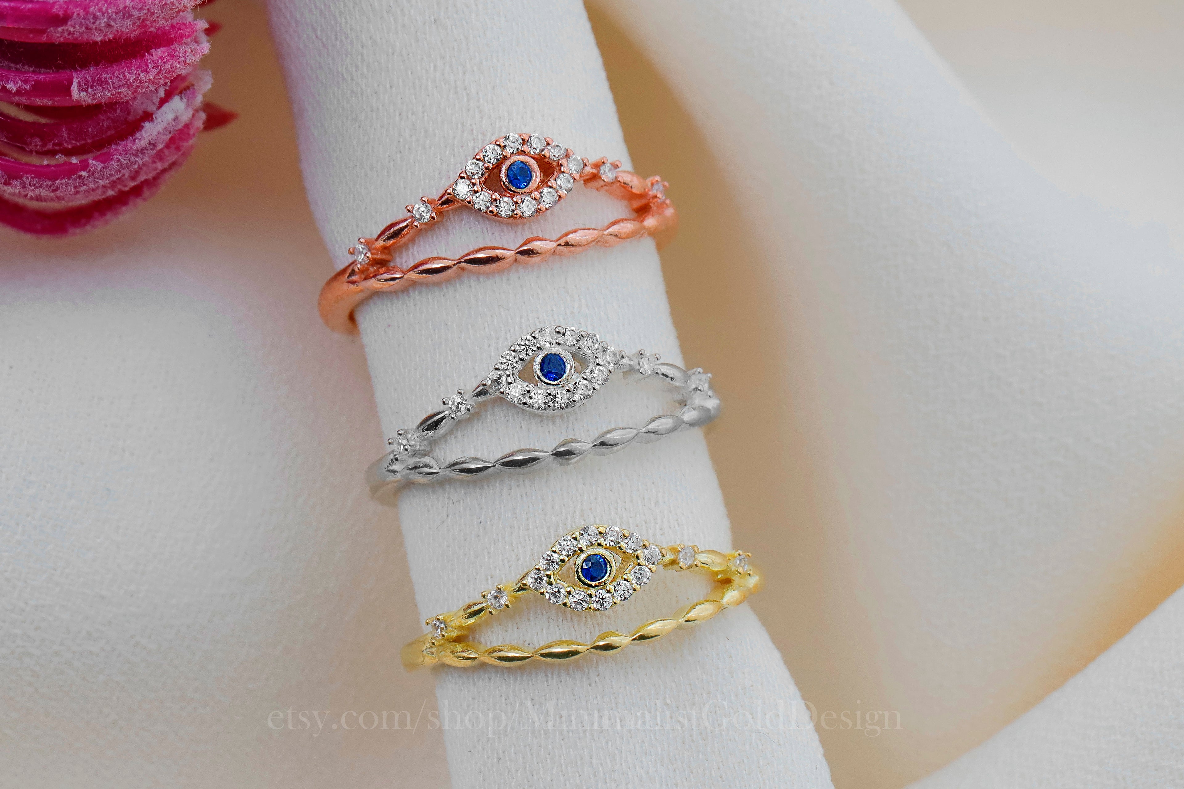 Evil Eye Ring Set, Dainty CZ Eye Ring, Gold Silver Rose Gold Stackable Rings, Minimalist Protection Jewelry