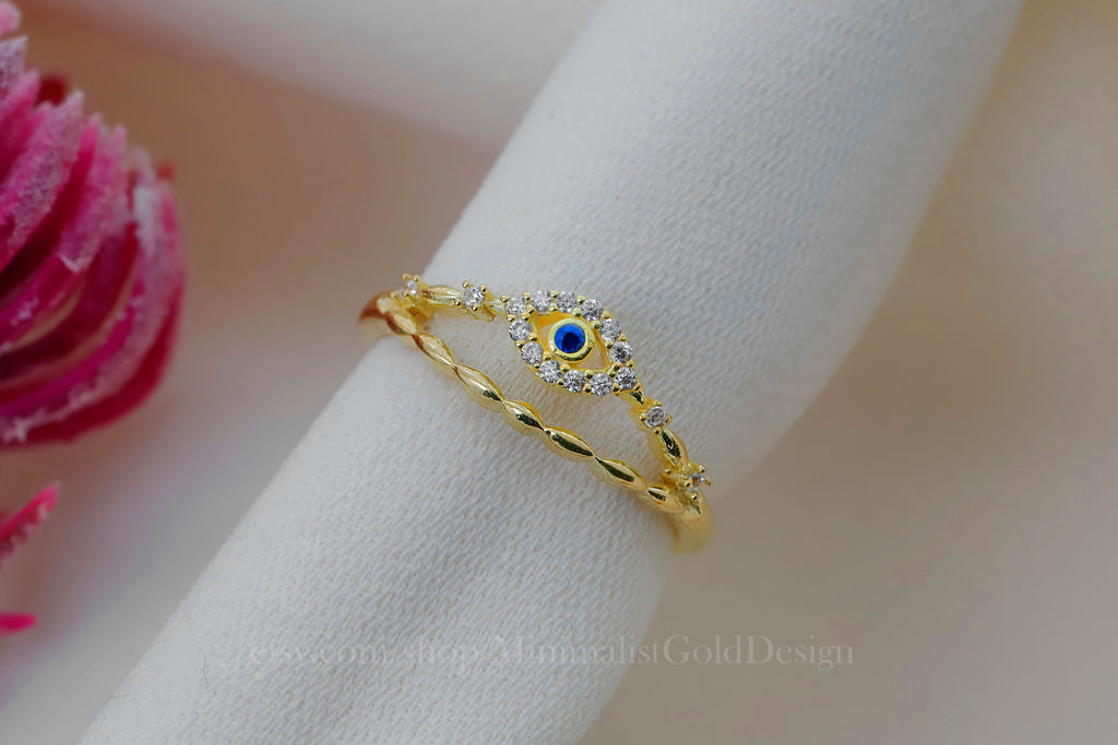Evil Eye Ring Set, Dainty CZ Eye Ring, Gold Silver Rose Gold Stackable Rings, Minimalist Protection Jewelry