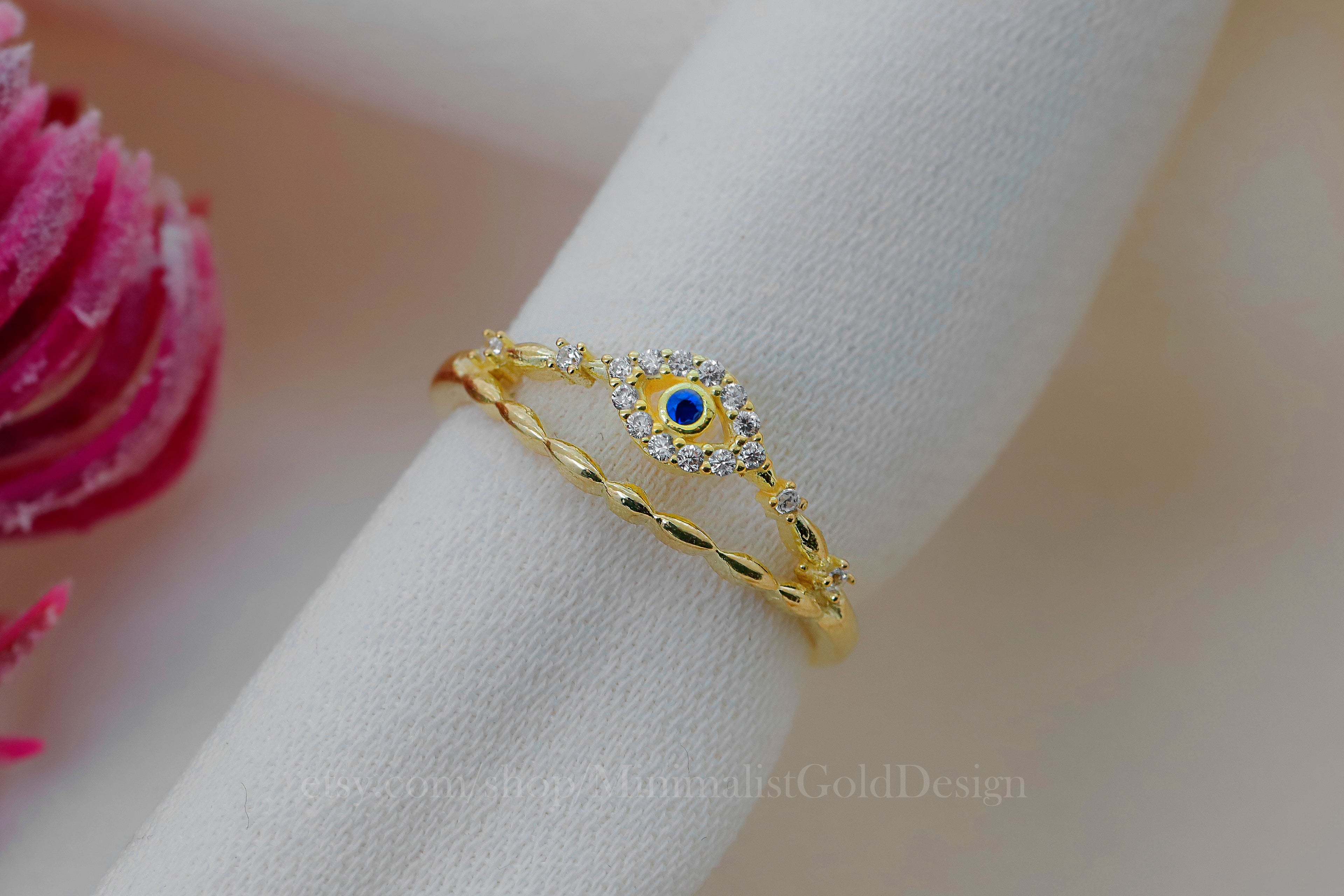 Evil Eye Ring Set, Dainty CZ Eye Ring, Gold Silver Rose Gold Stackable Rings, Minimalist Protection Jewelry