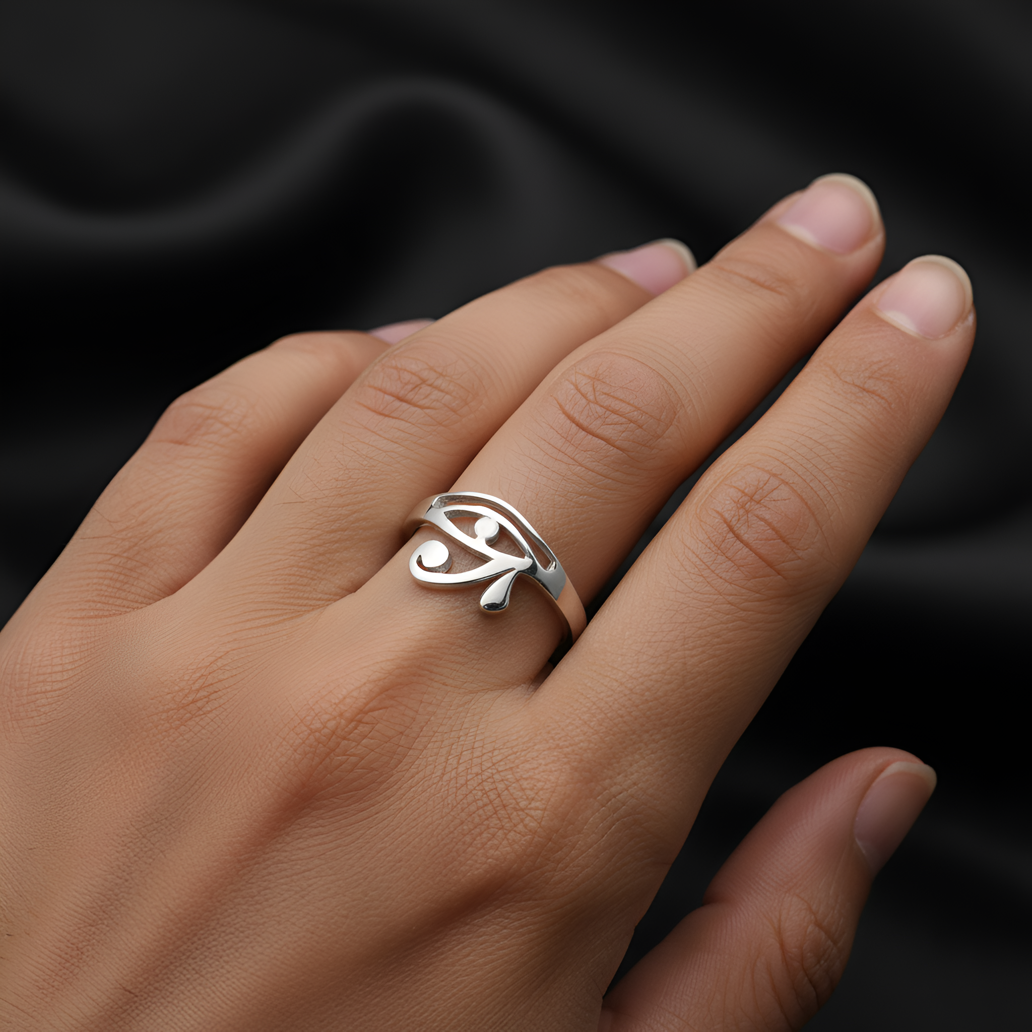 Sterling Silver Eye of Horus Ring – Minimalist Egyptian Symbol Ring, Dainty Openwork Band