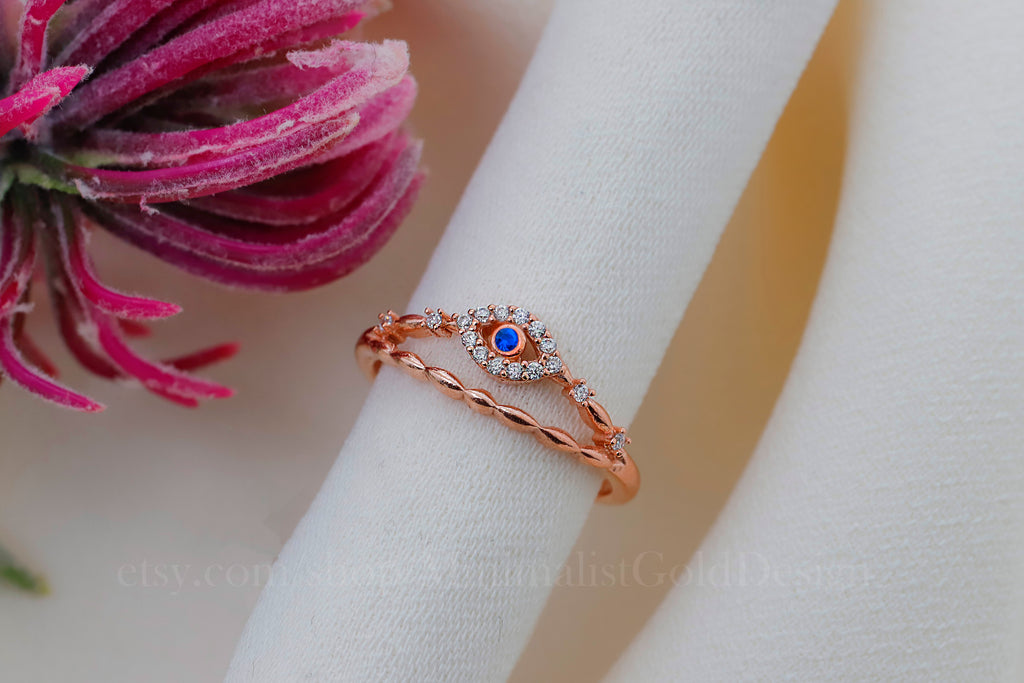 Evil Eye Ring Set, Dainty CZ Eye Ring, Gold Silver Rose Gold Stackable Rings, Minimalist Protection Jewelry