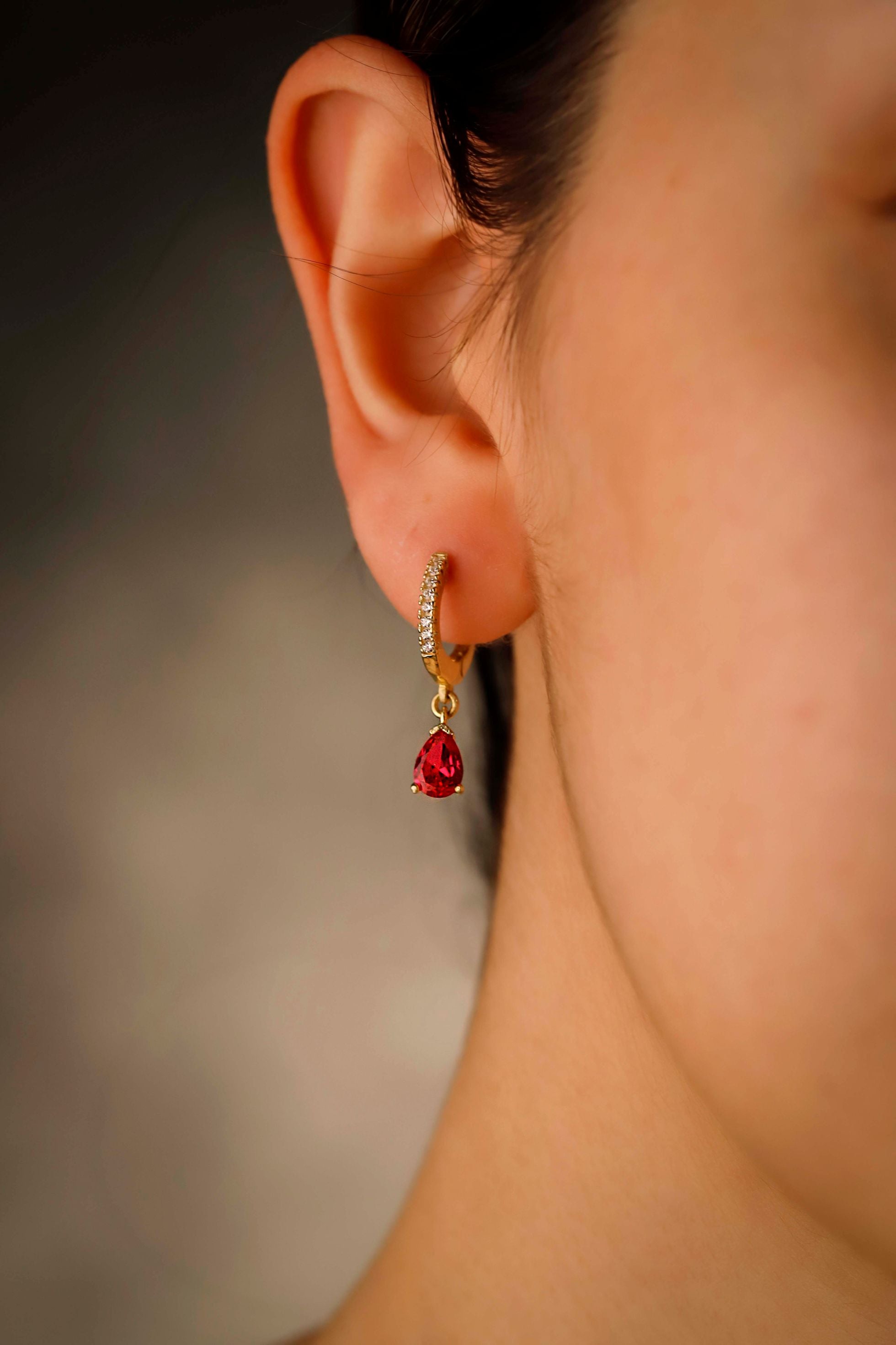 Ruby Red Cubic Zirconia Drop Earrings – Gold Dainty Hoop Earrings