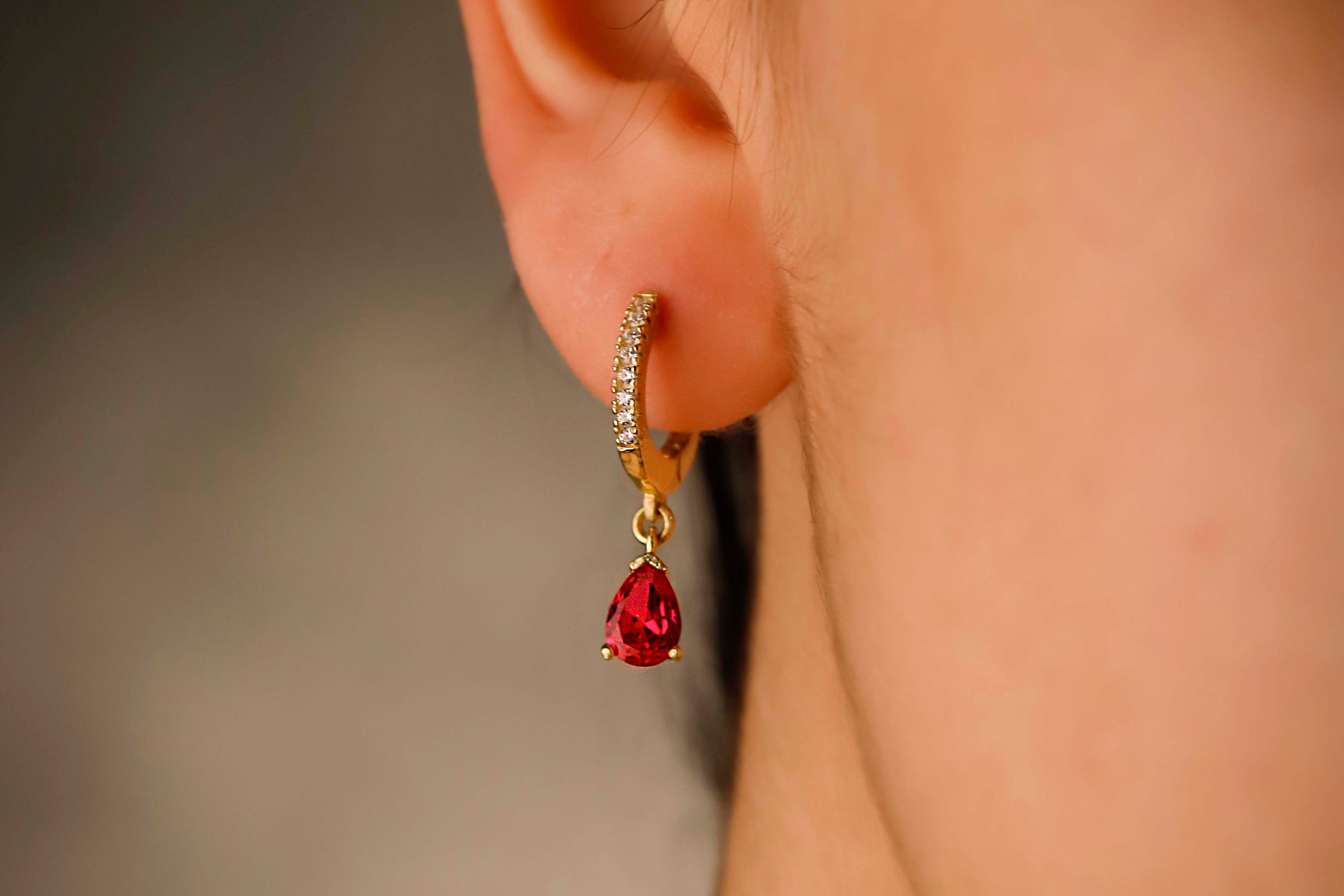 Ruby Red Cubic Zirconia Drop Earrings – Gold Dainty Hoop Earrings