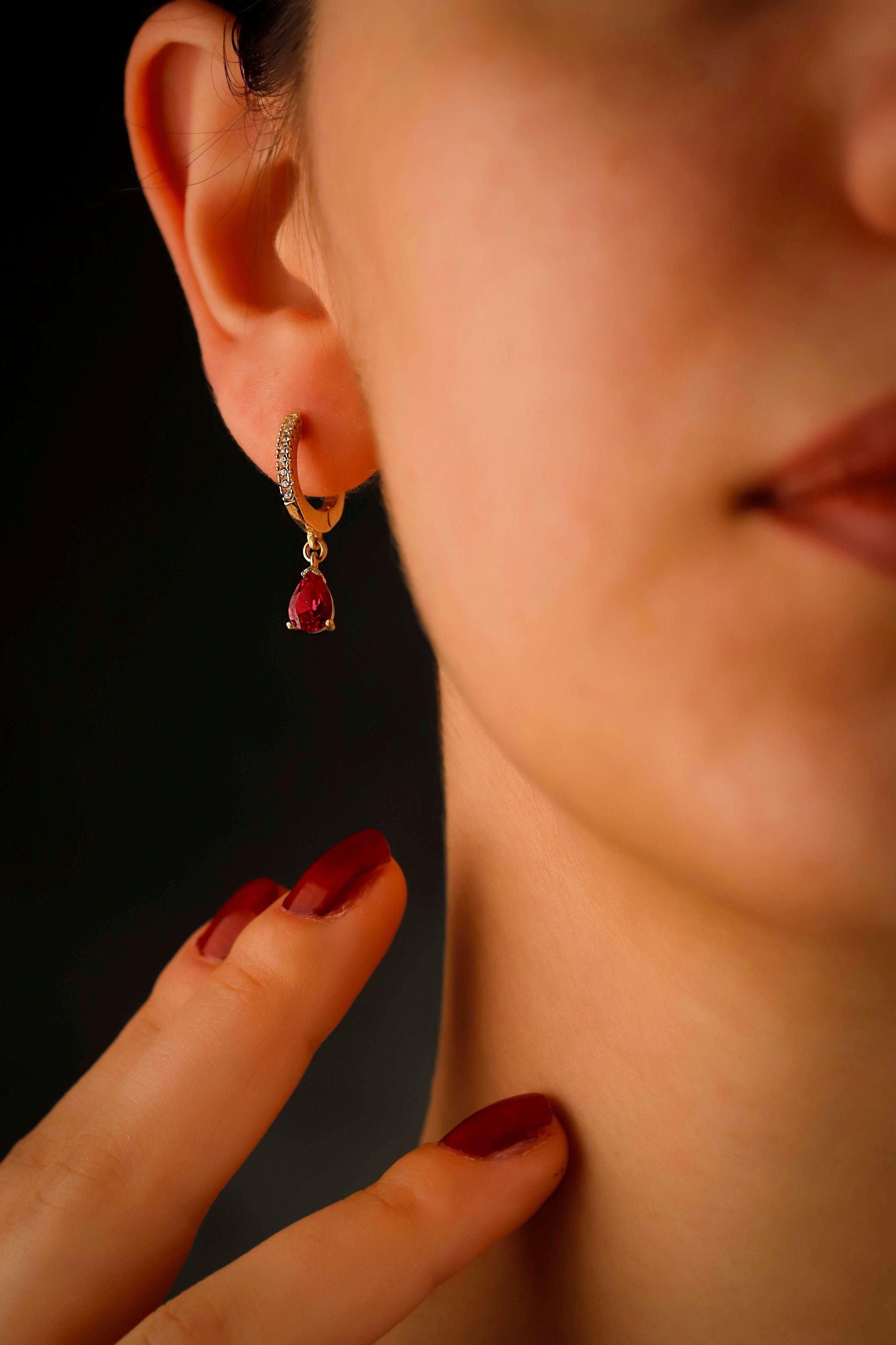 Ruby Red Cubic Zirconia Drop Earrings – Gold Dainty Hoop Earrings