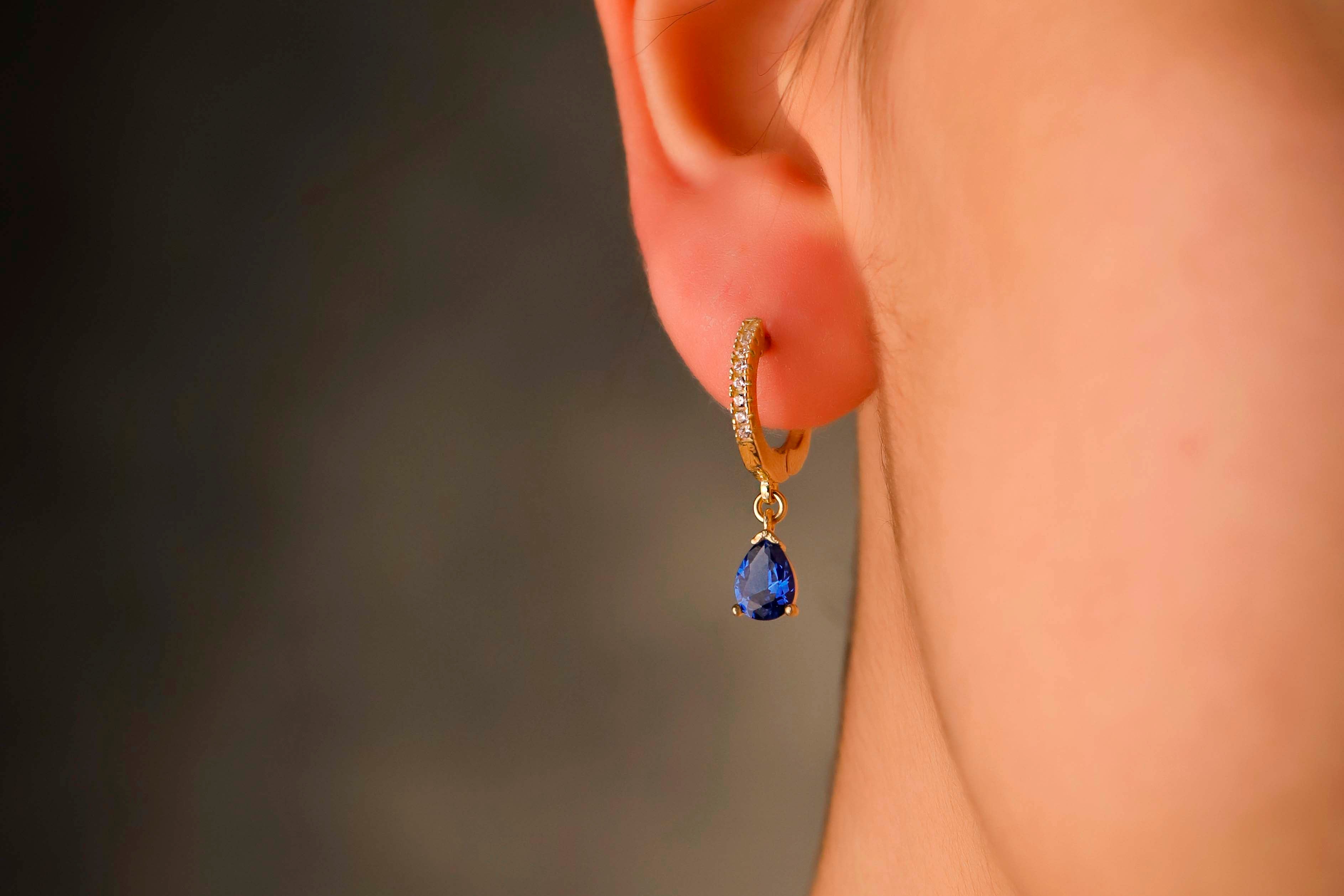 Sapphire Blue Cubic Zirconia Drop Earrings – Gold Dainty Hoop Earrings