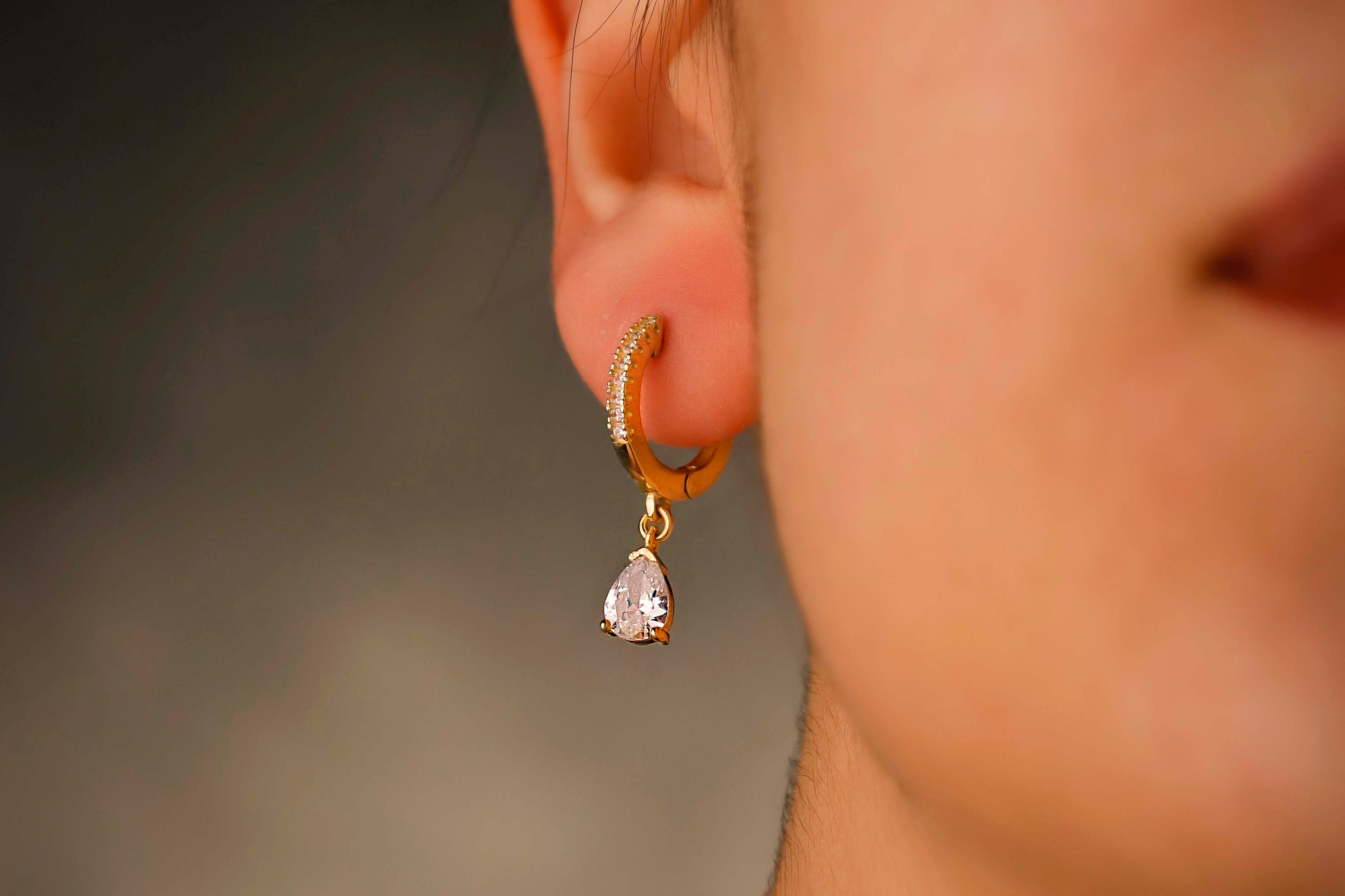 White CZ Drop Earrings – Gold Dainty Hoop Earrings