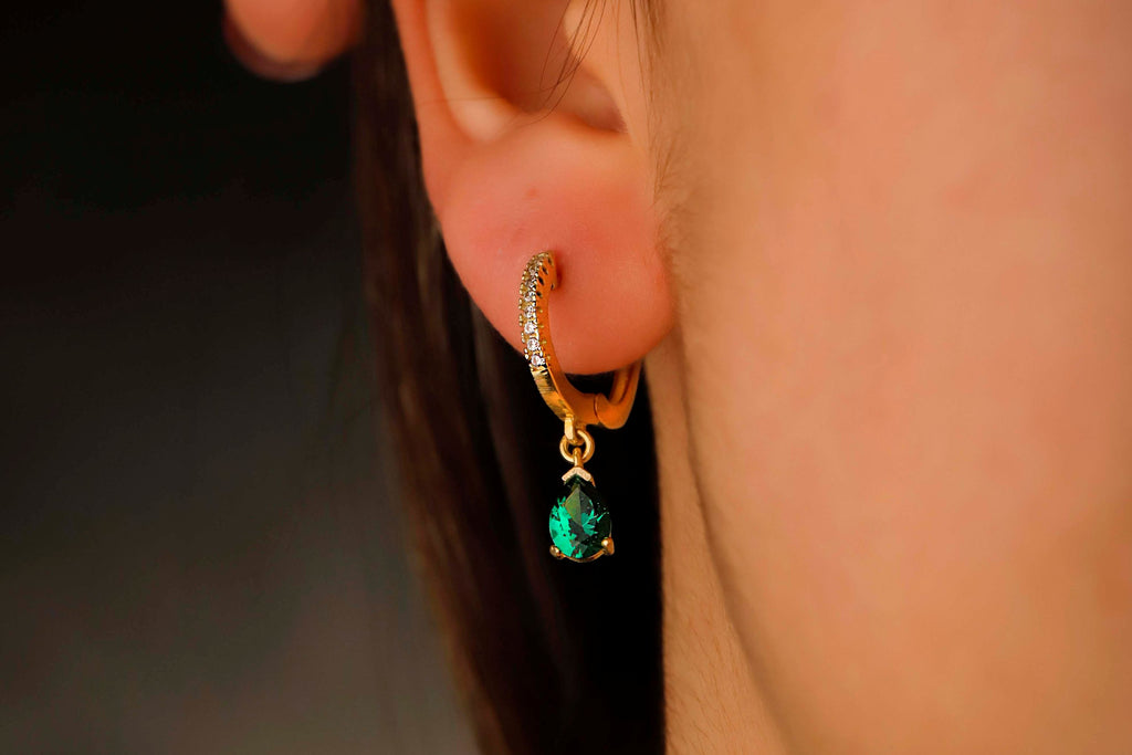 Green Emerald Cubic Zirconia Hoop Earrings – Dainty Gold Drop Earrings