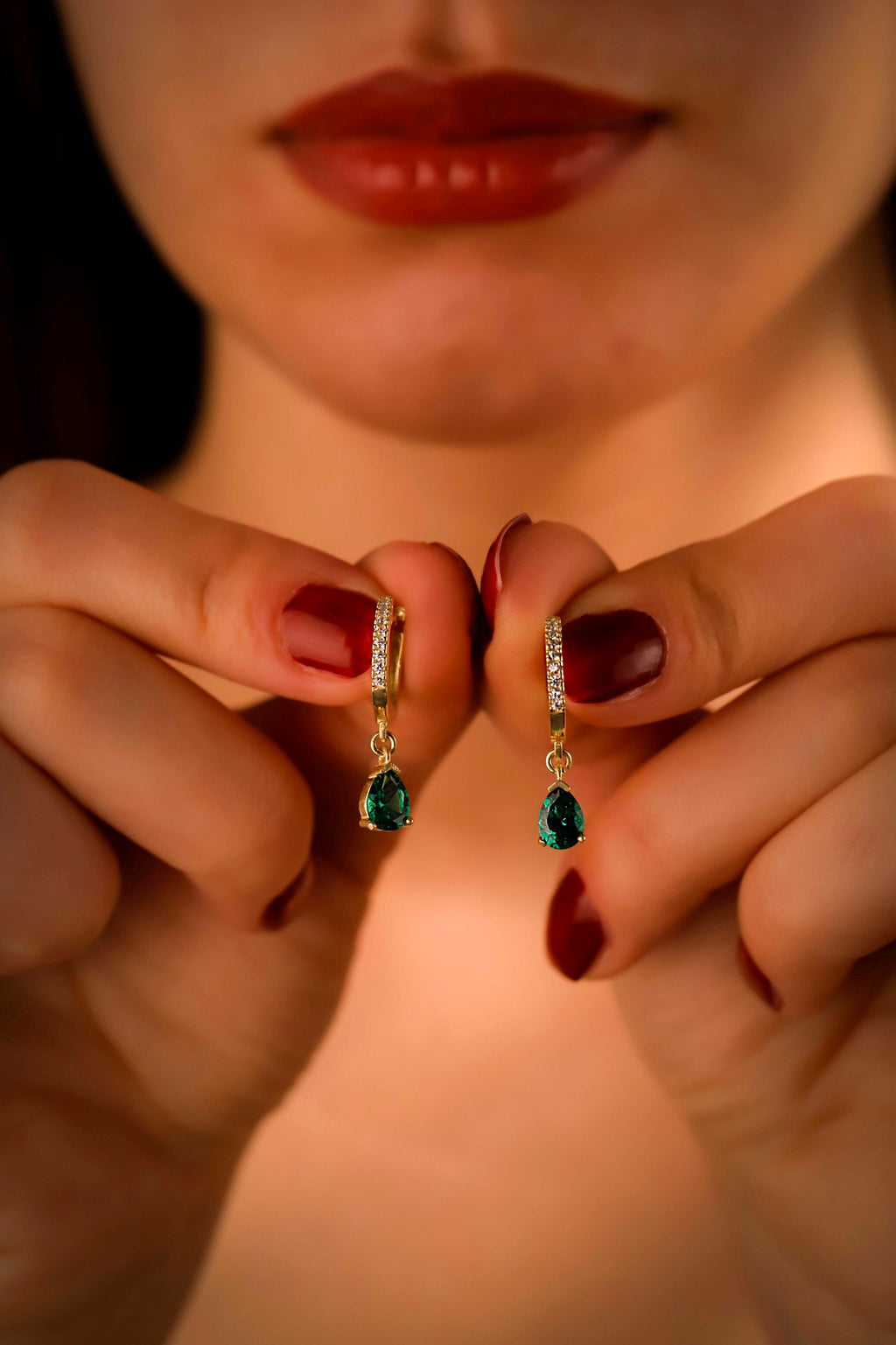 Green Emerald Cubic Zirconia Hoop Earrings – Dainty Gold Drop Earrings