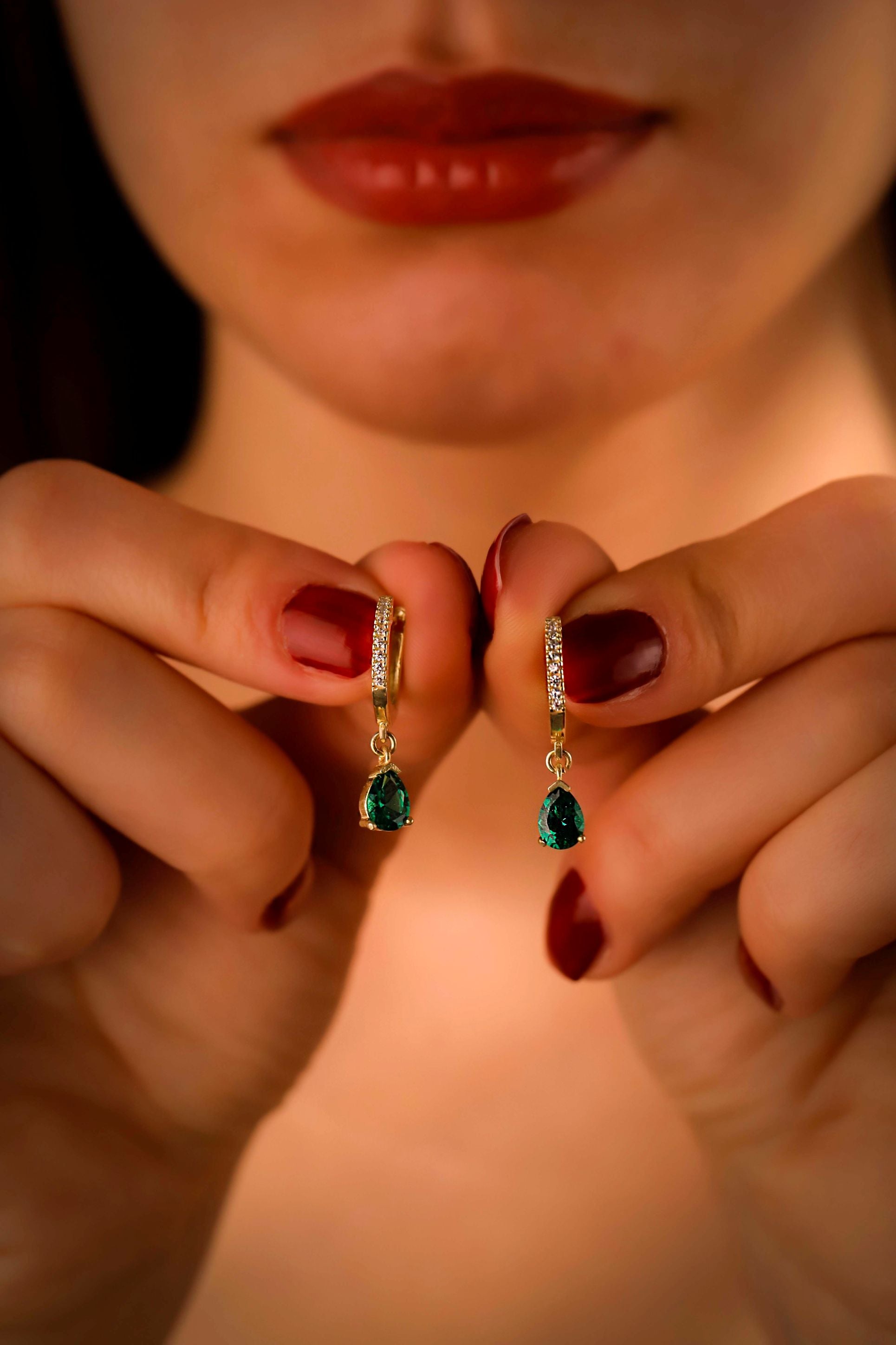 Green Emerald Cubic Zirconia Hoop Earrings – Dainty Gold Drop Earrings