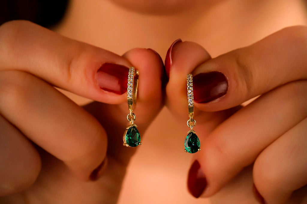 Green Emerald Cubic Zirconia Hoop Earrings – Dainty Gold Drop Earrings