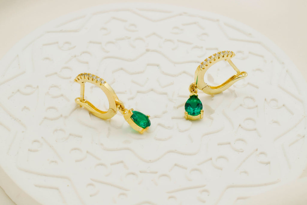 Green Emerald Cubic Zirconia Hoop Earrings – Dainty Gold Drop Earrings