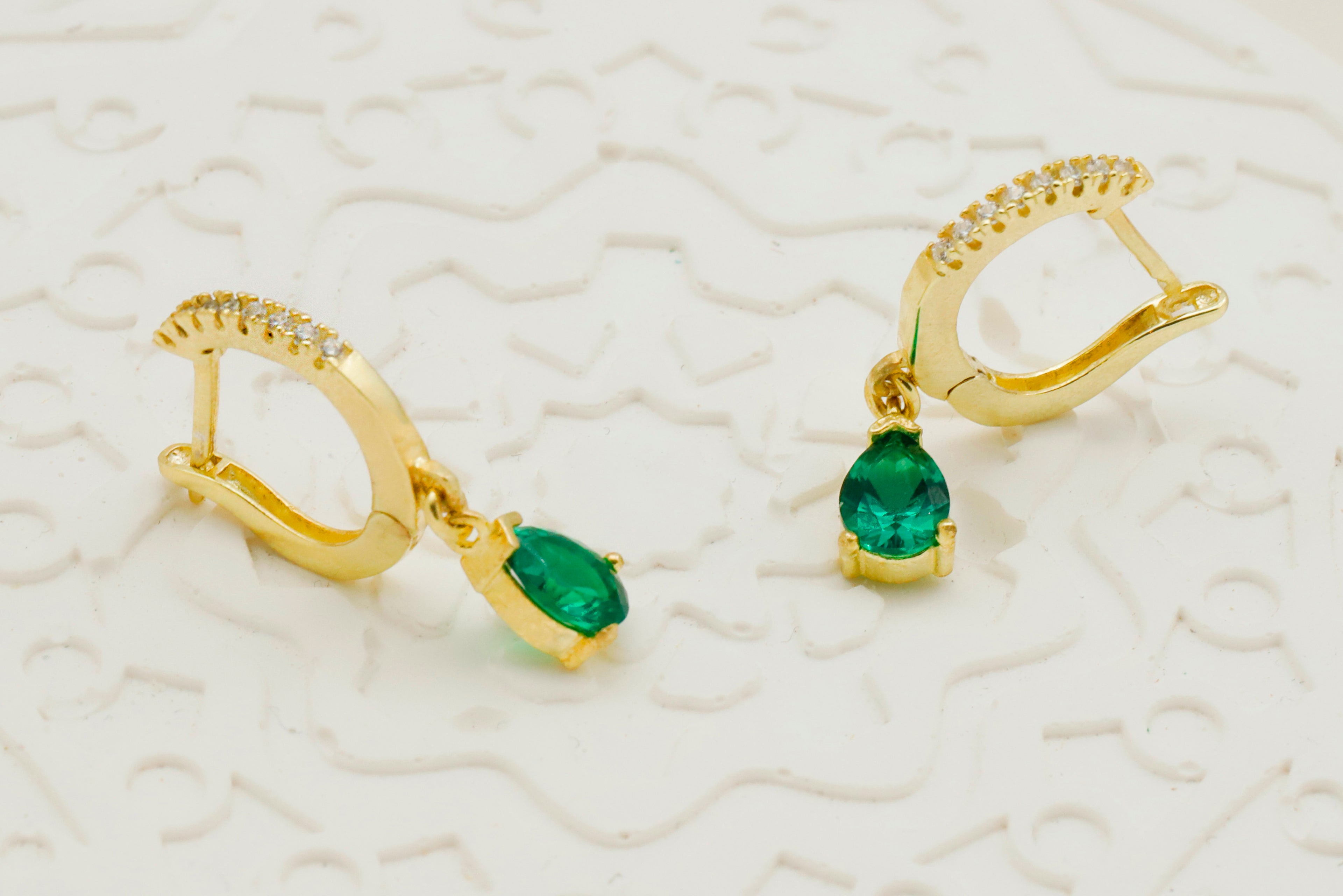 Green Emerald Cubic Zirconia Hoop Earrings – Dainty Gold Drop Earrings