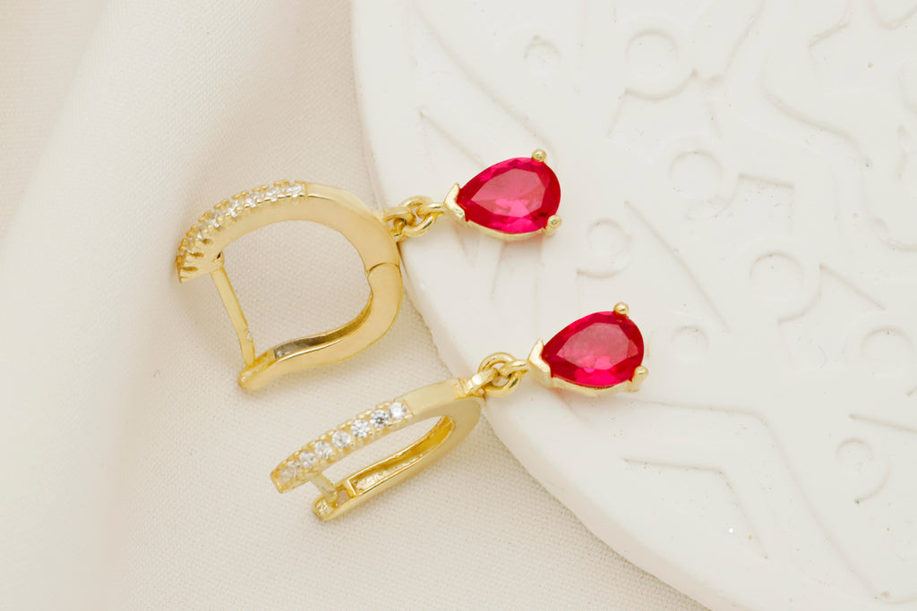 Ruby Red Cubic Zirconia Drop Earrings – Gold Dainty Hoop Earrings