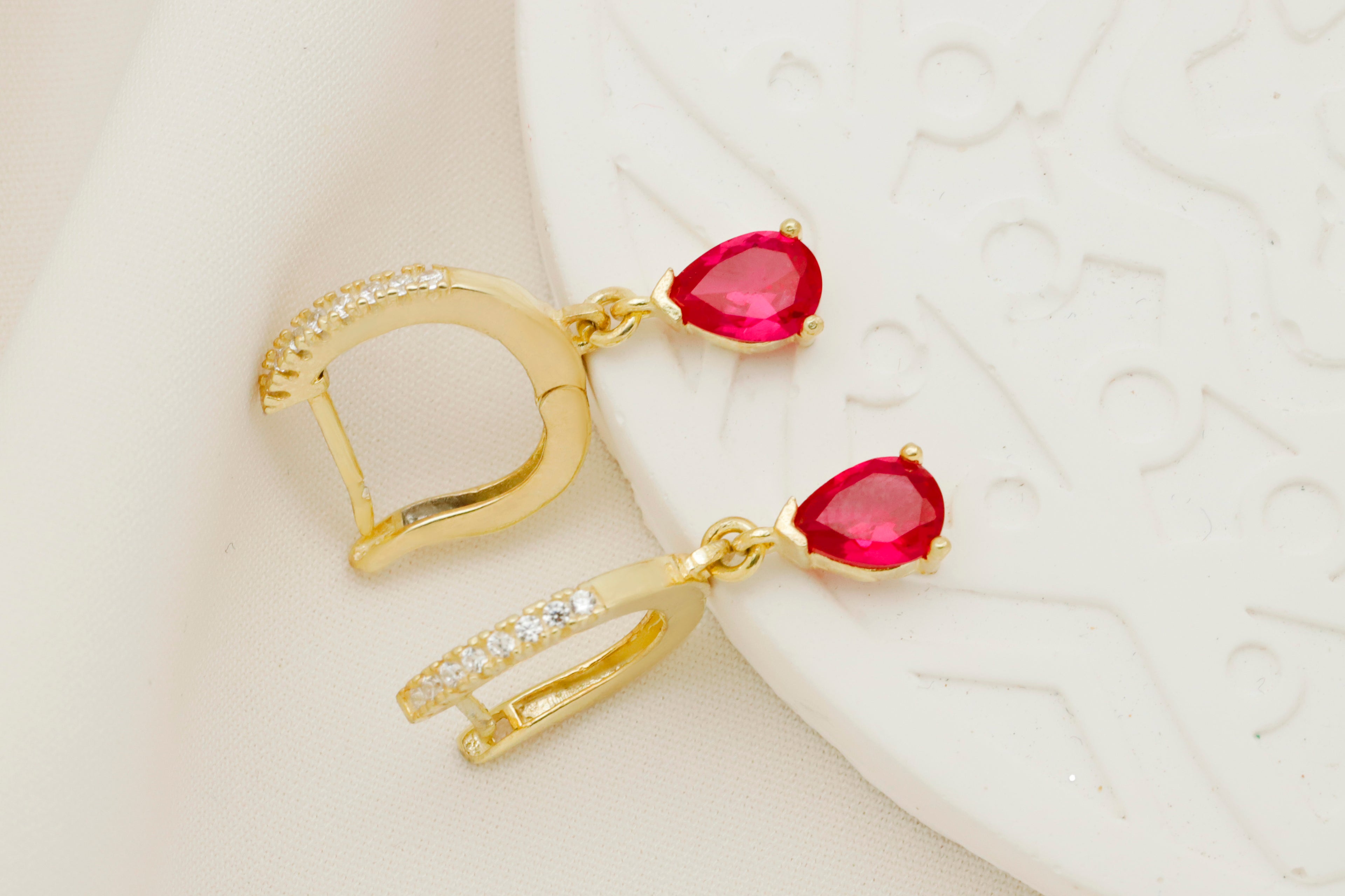 Ruby Red Cubic Zirconia Drop Earrings – Gold Dainty Hoop Earrings