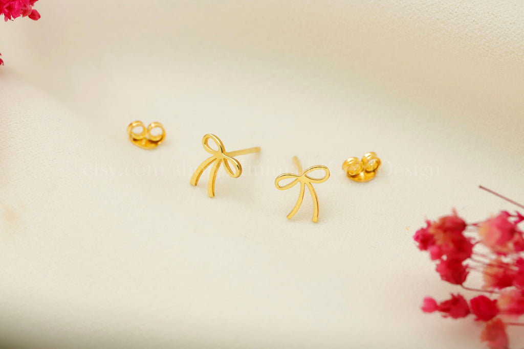 Bow Stud Earrings – Dainty Minimalist Ribbon Earrings, Cute Everyday Jewelry