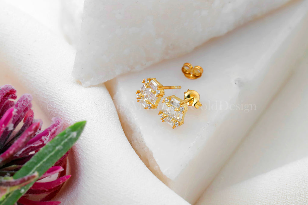 Baguette CZ Stud Earrings – Dainty Minimalist Rectangle Earrings, Everyday Sparkle Jewelry