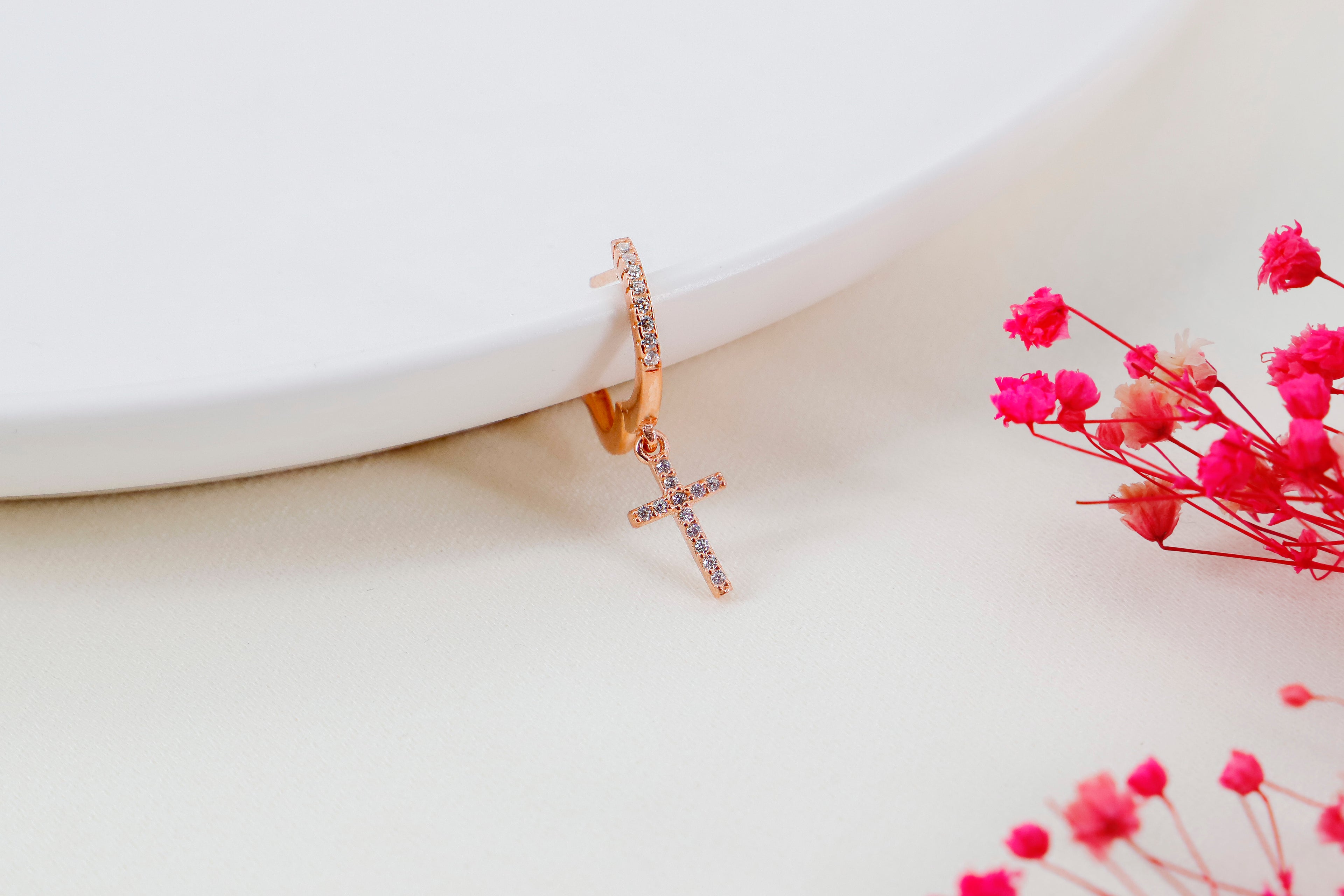 Dainty Cross Hoop Earring – Sterling Silver CZ Cross Charm Hoop – Minimal Religious Jewelry