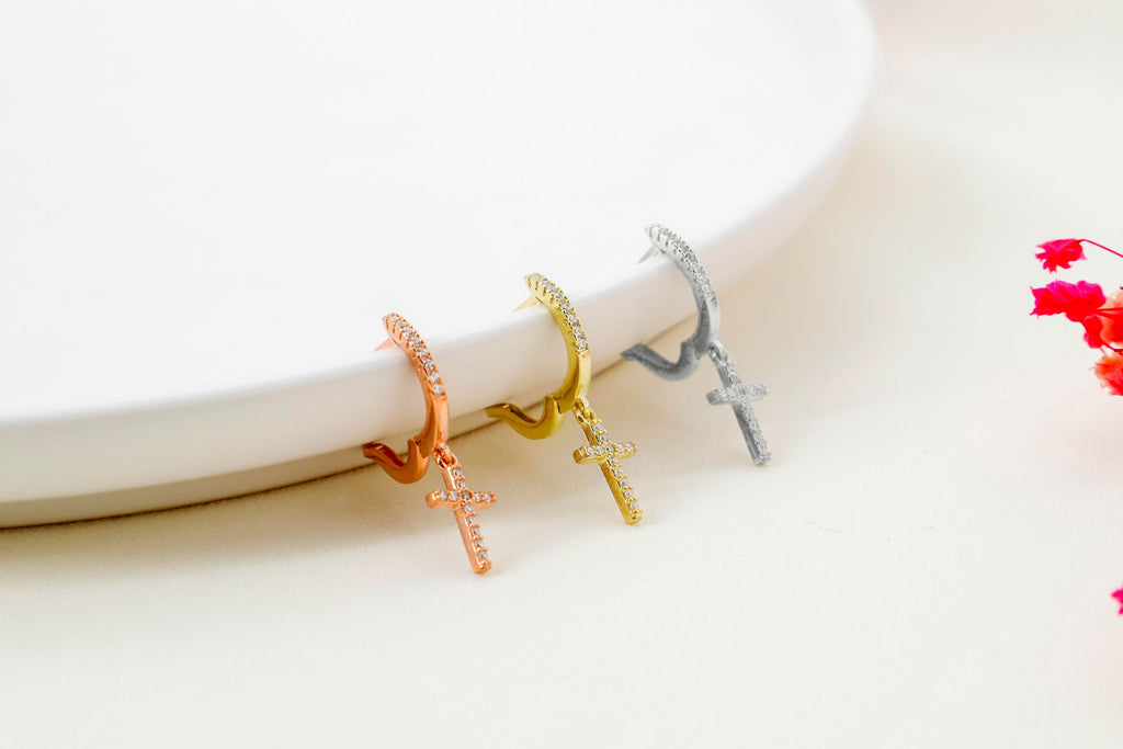 Dainty Cross Hoop Earring – Sterling Silver CZ Cross Charm Hoop – Minimal Religious Jewelry