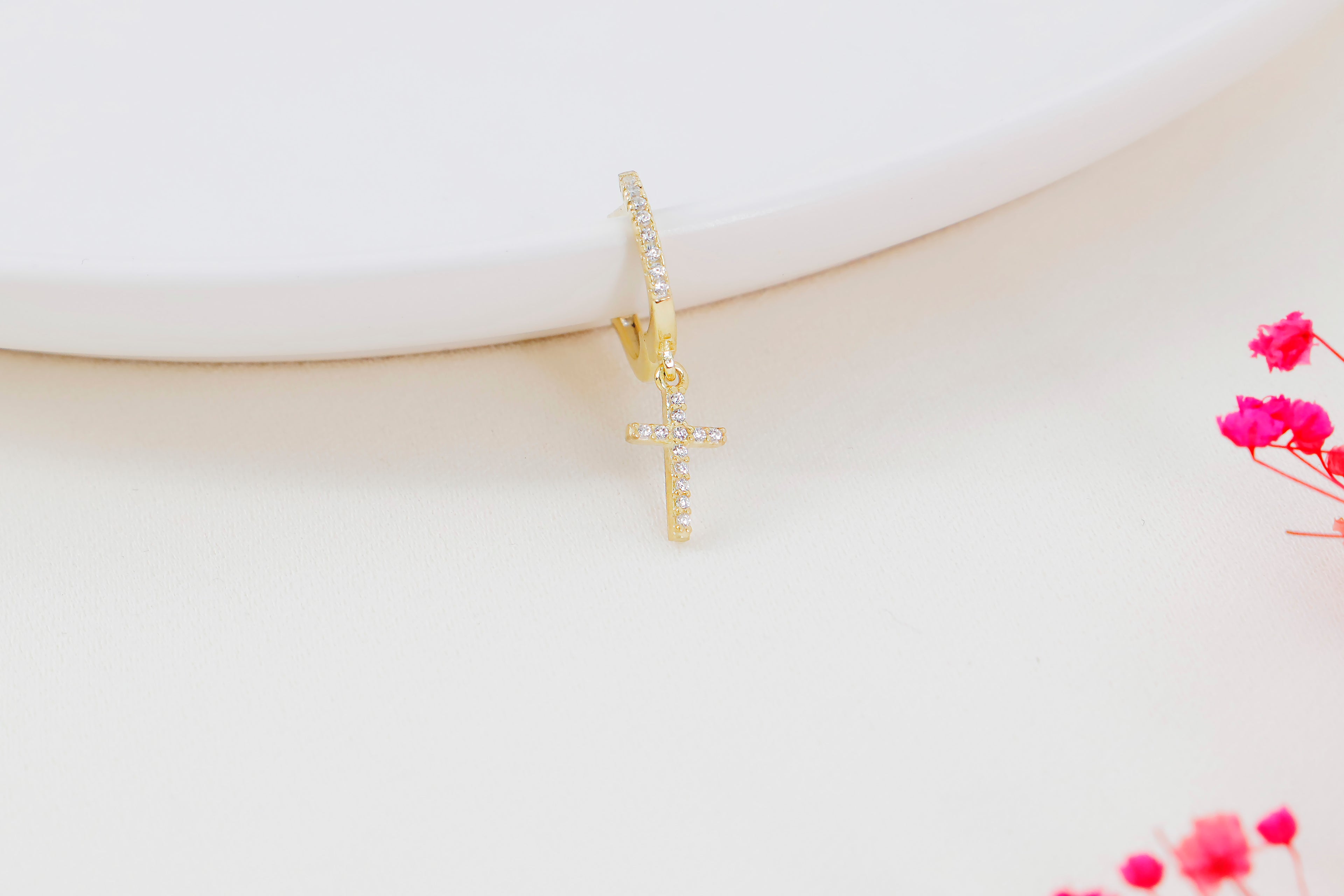 Dainty Cross Hoop Earring – Sterling Silver CZ Cross Charm Hoop – Minimal Religious Jewelry