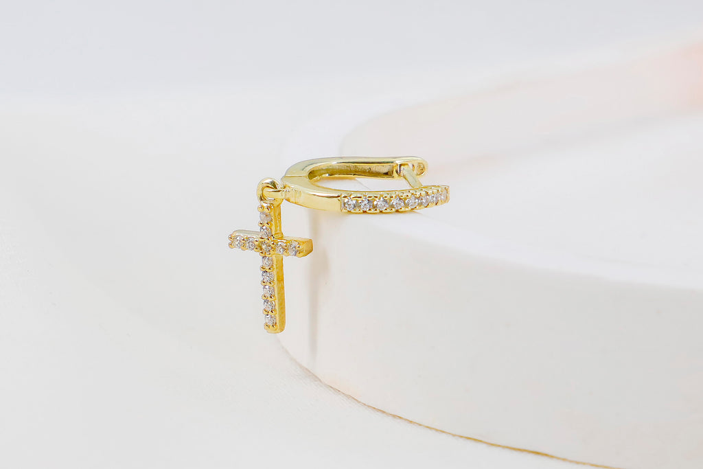 Dainty Cross Hoop Earring – Sterling Silver CZ Cross Charm Hoop – Minimal Religious Jewelry