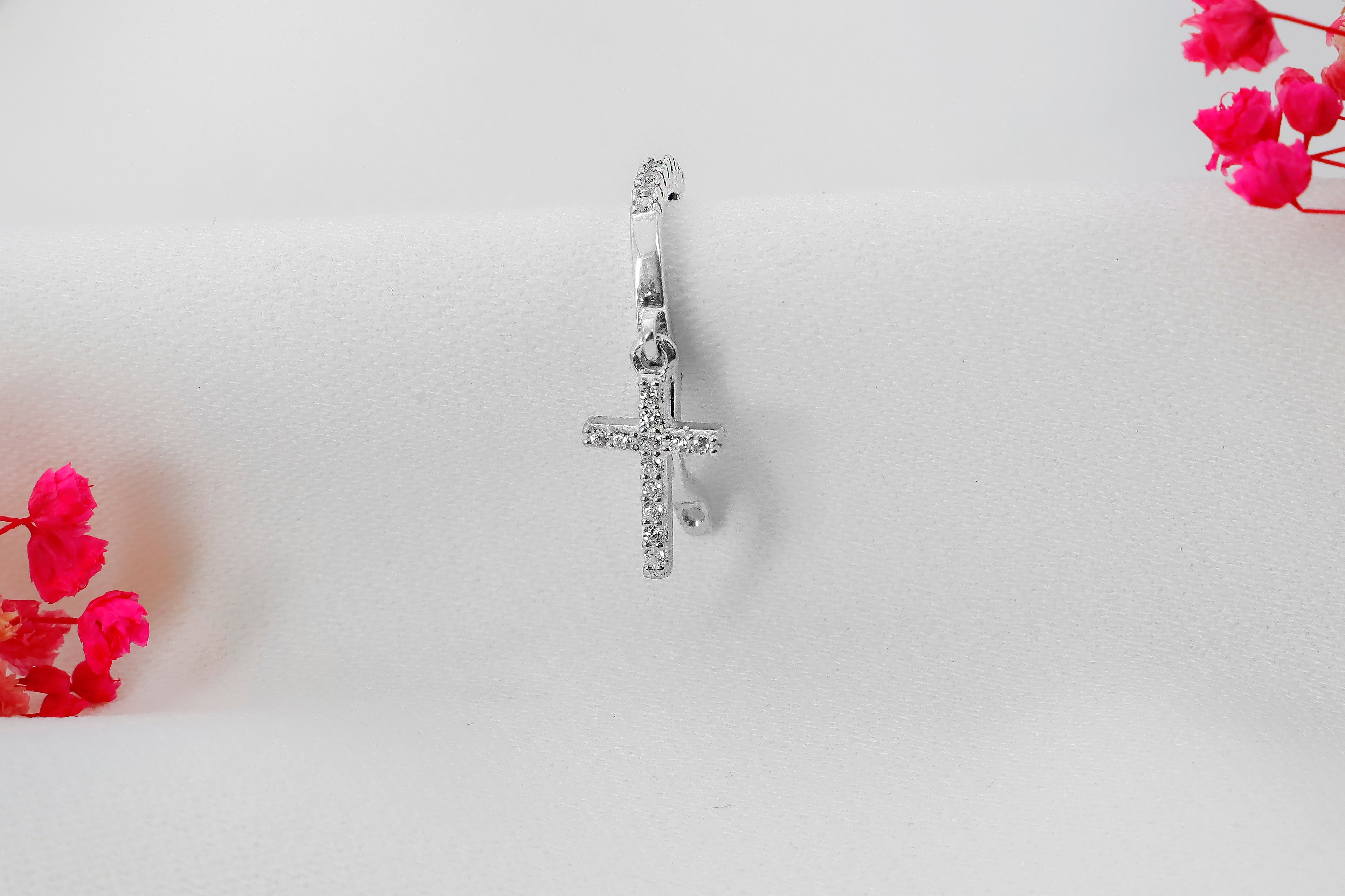 Dainty Cross Hoop Earring – Sterling Silver CZ Cross Charm Hoop – Minimal Religious Jewelry