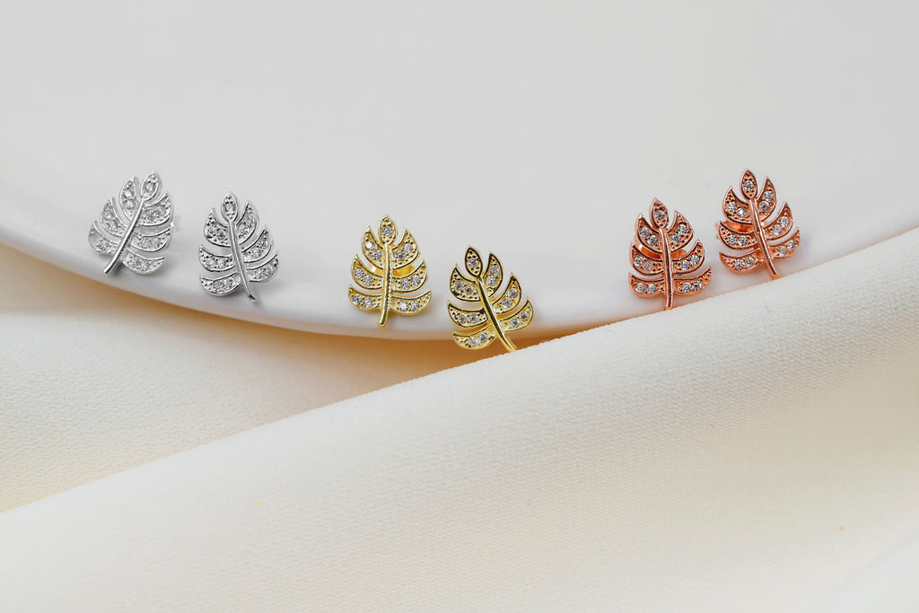 Leaf Stud Earrings – Dainty CZ Leaf Earrings, Minimalist Nature Inspired Jewelry