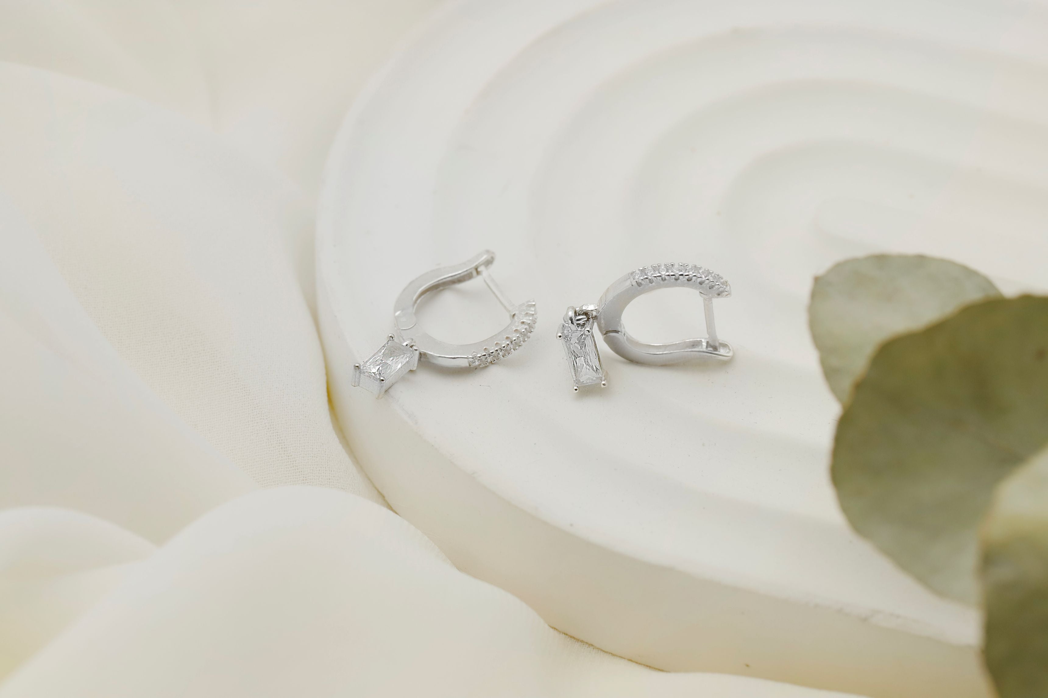 Sterling Silver Baguette Drop Earrings – Dainty CZ Huggie Hoop Earrings