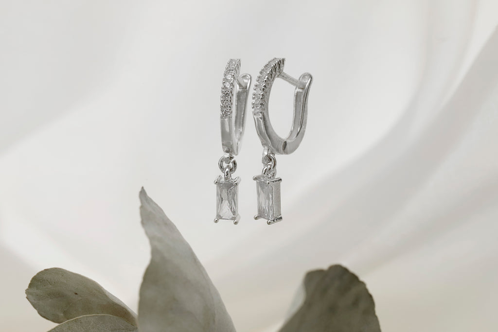 Sterling Silver Baguette Drop Earrings – Dainty CZ Huggie Hoop Earrings