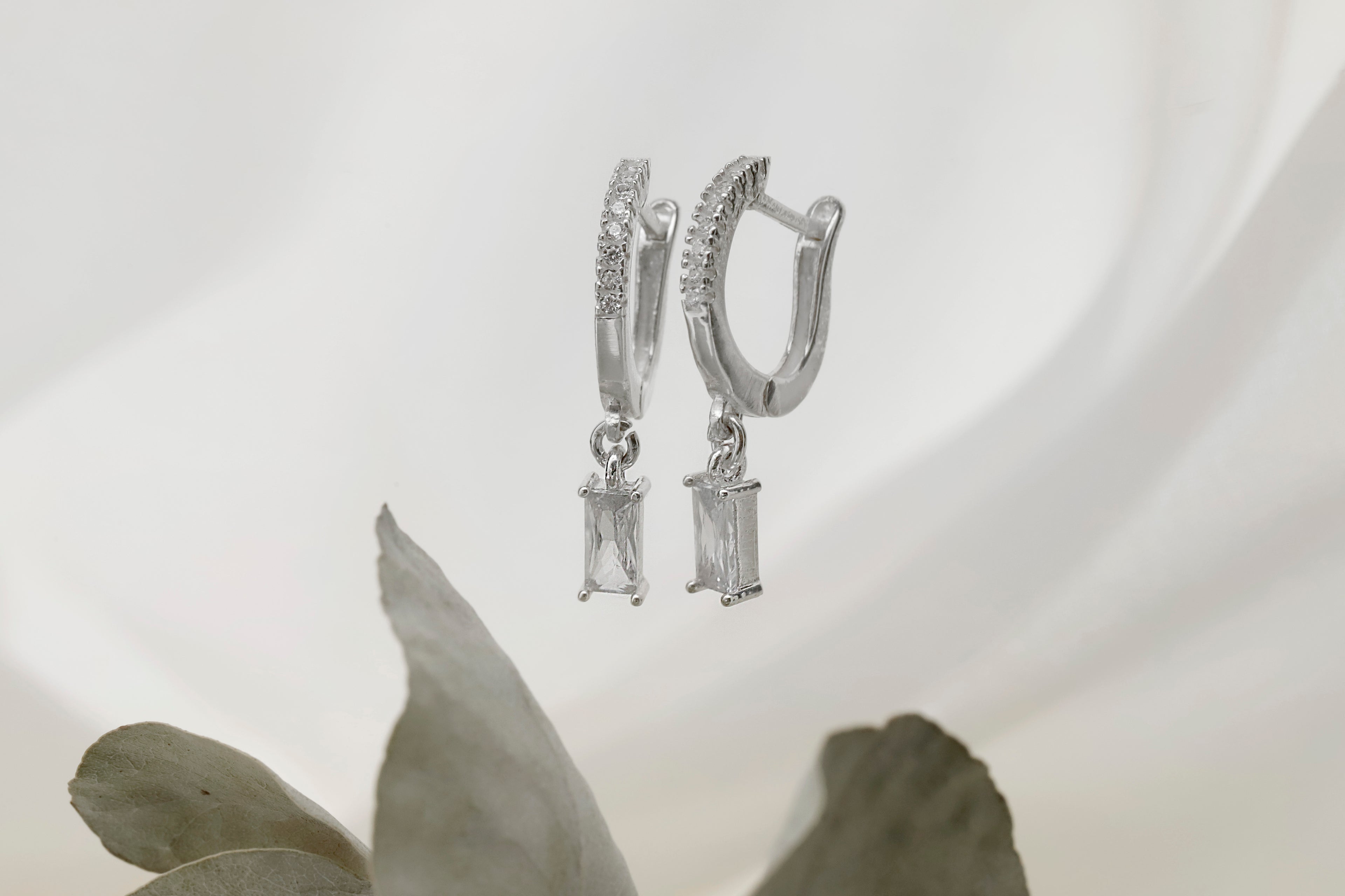 Sterling Silver Baguette Drop Earrings – Dainty CZ Huggie Hoop Earrings