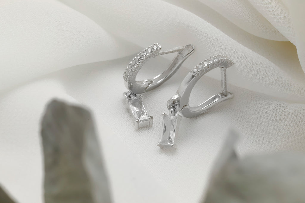 Sterling Silver Baguette Drop Earrings – Dainty CZ Huggie Hoop Earrings