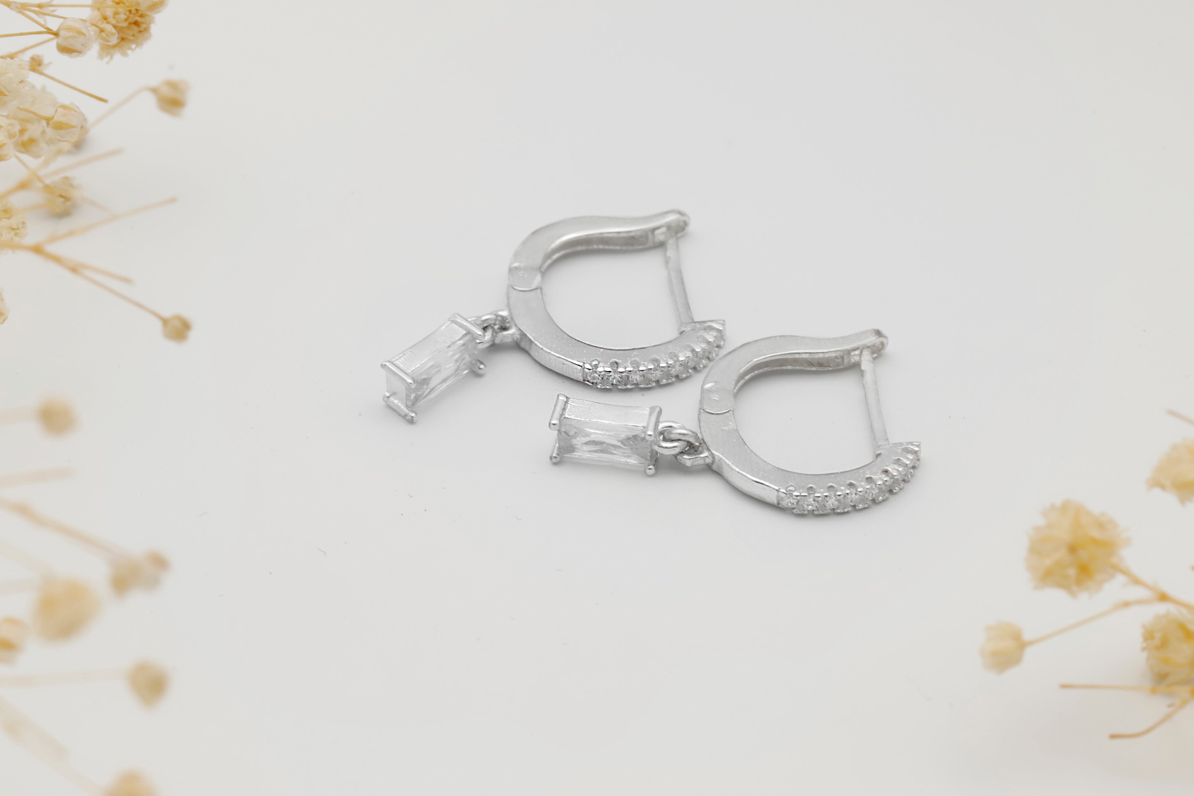 Sterling Silver Baguette Drop Earrings – Dainty CZ Huggie Hoop Earrings