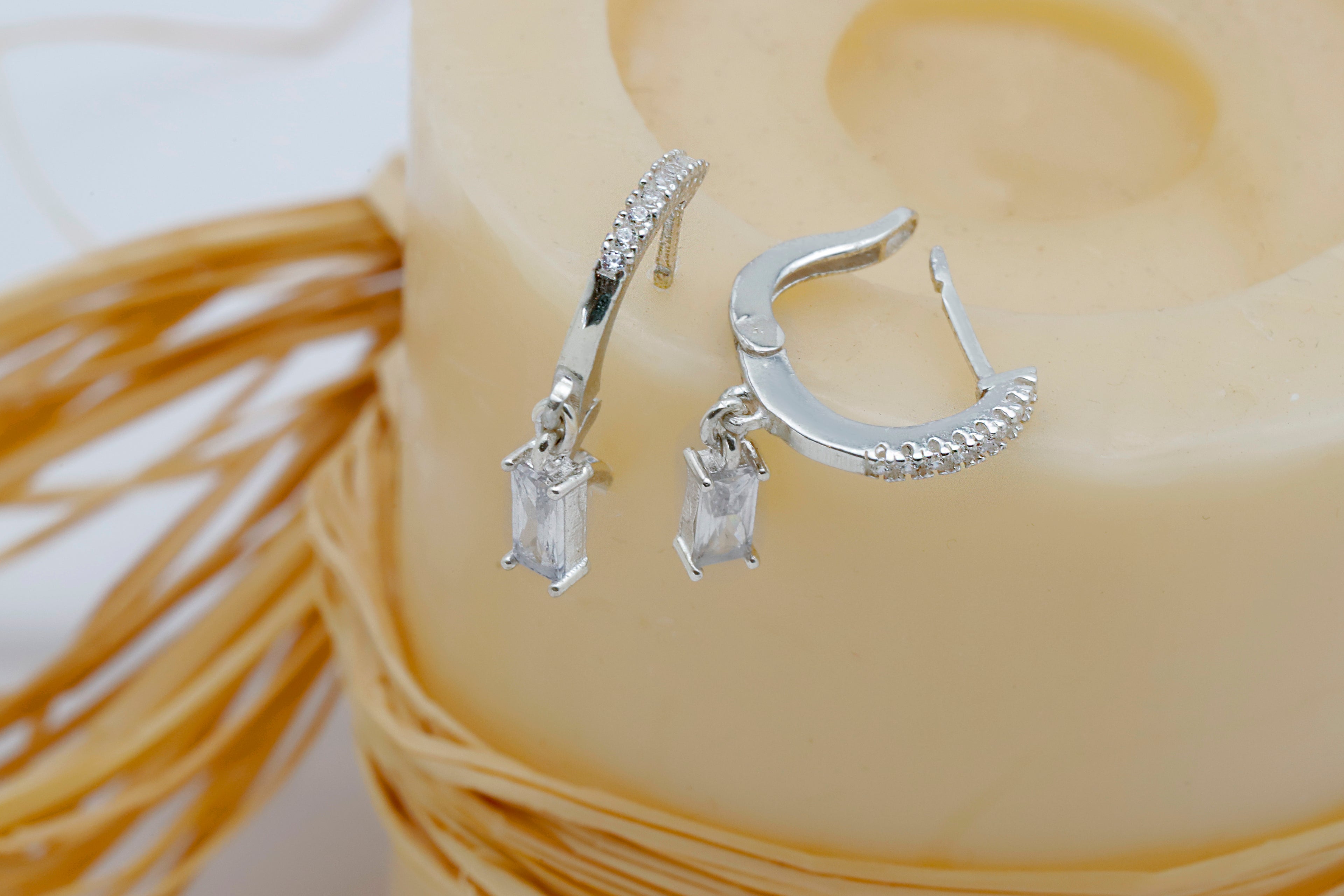 Sterling Silver Baguette Drop Earrings – Dainty CZ Huggie Hoop Earrings