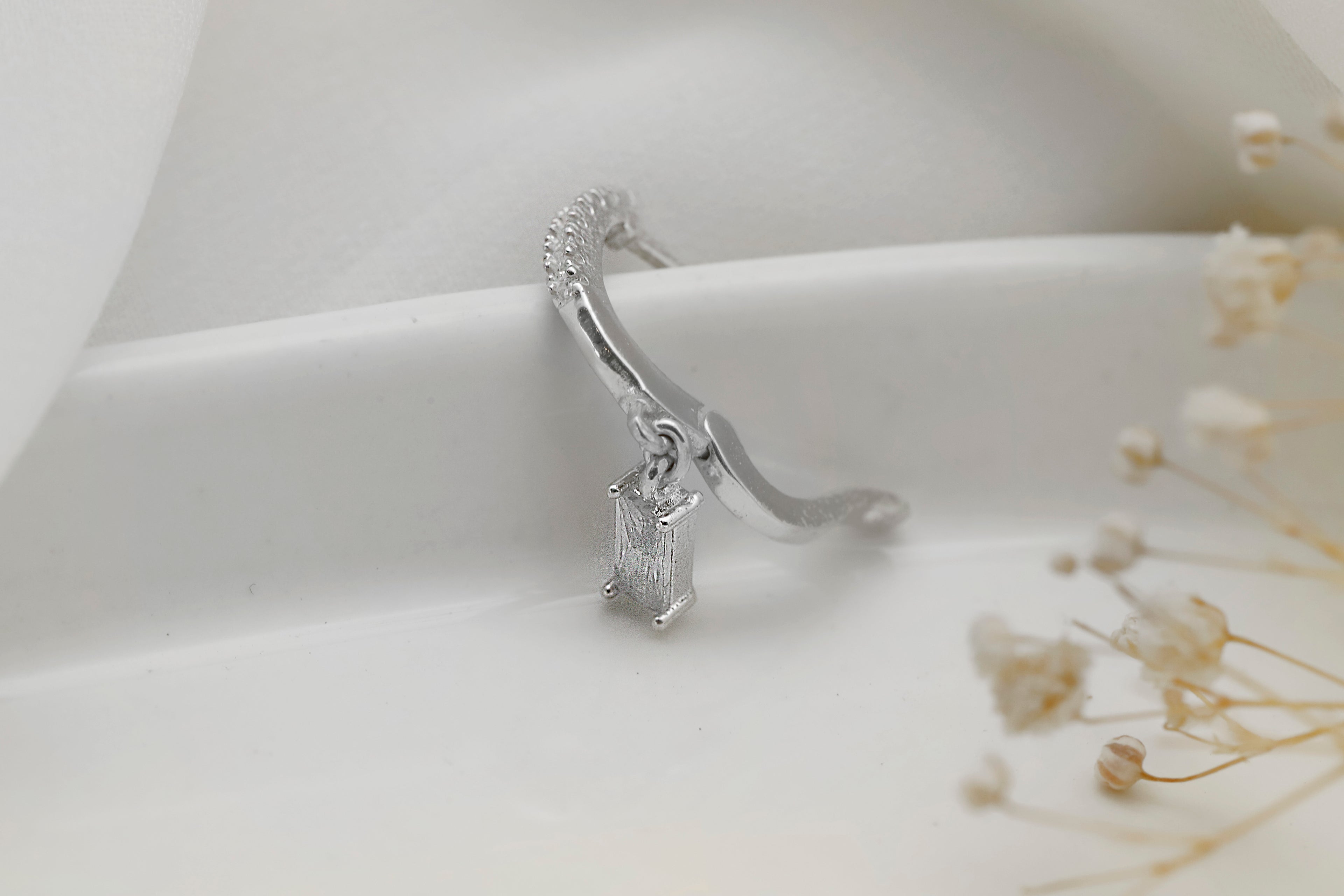 Sterling Silver Baguette Drop Earrings – Dainty CZ Huggie Hoop Earrings