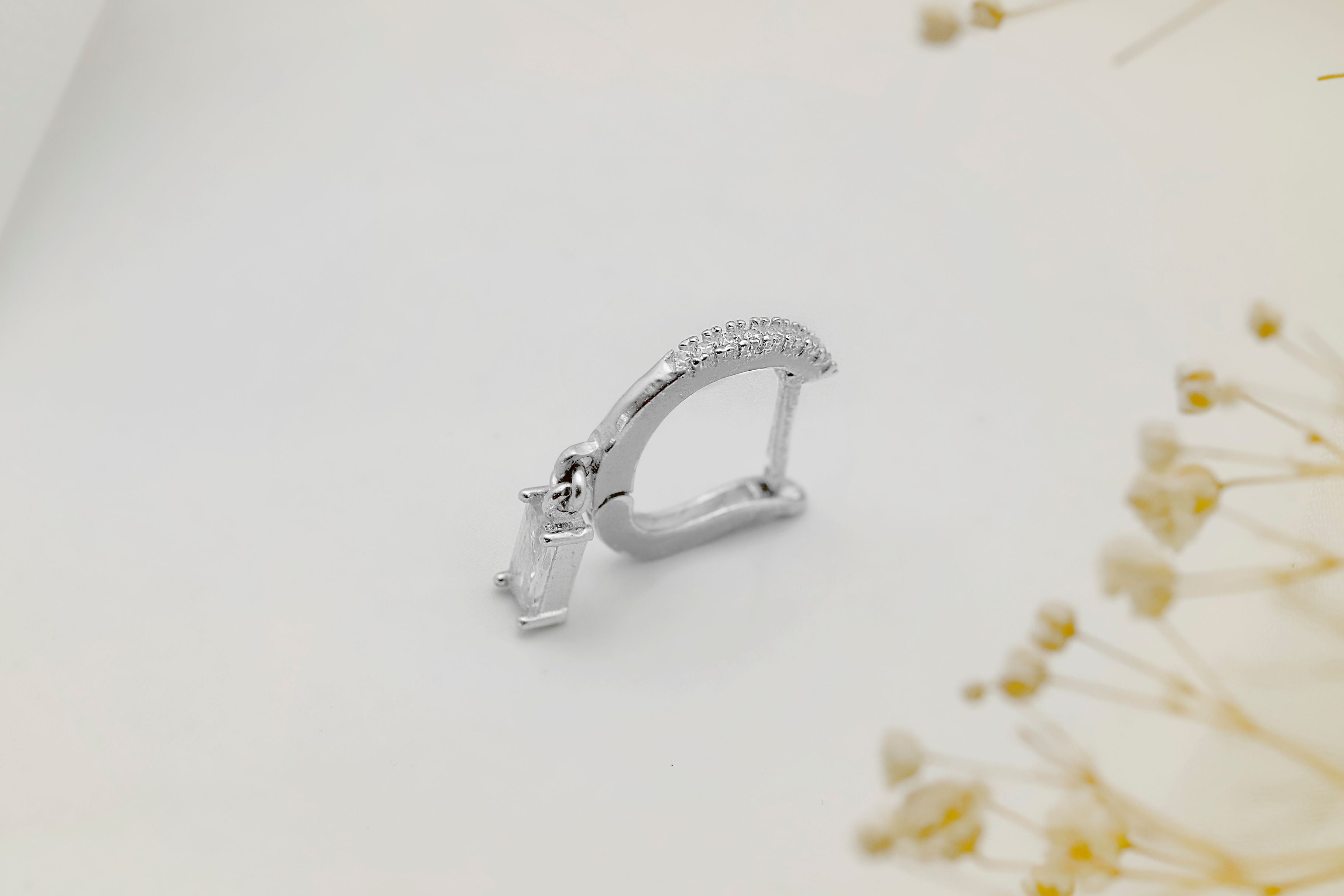 Sterling Silver Baguette Drop Earrings – Dainty CZ Huggie Hoop Earrings