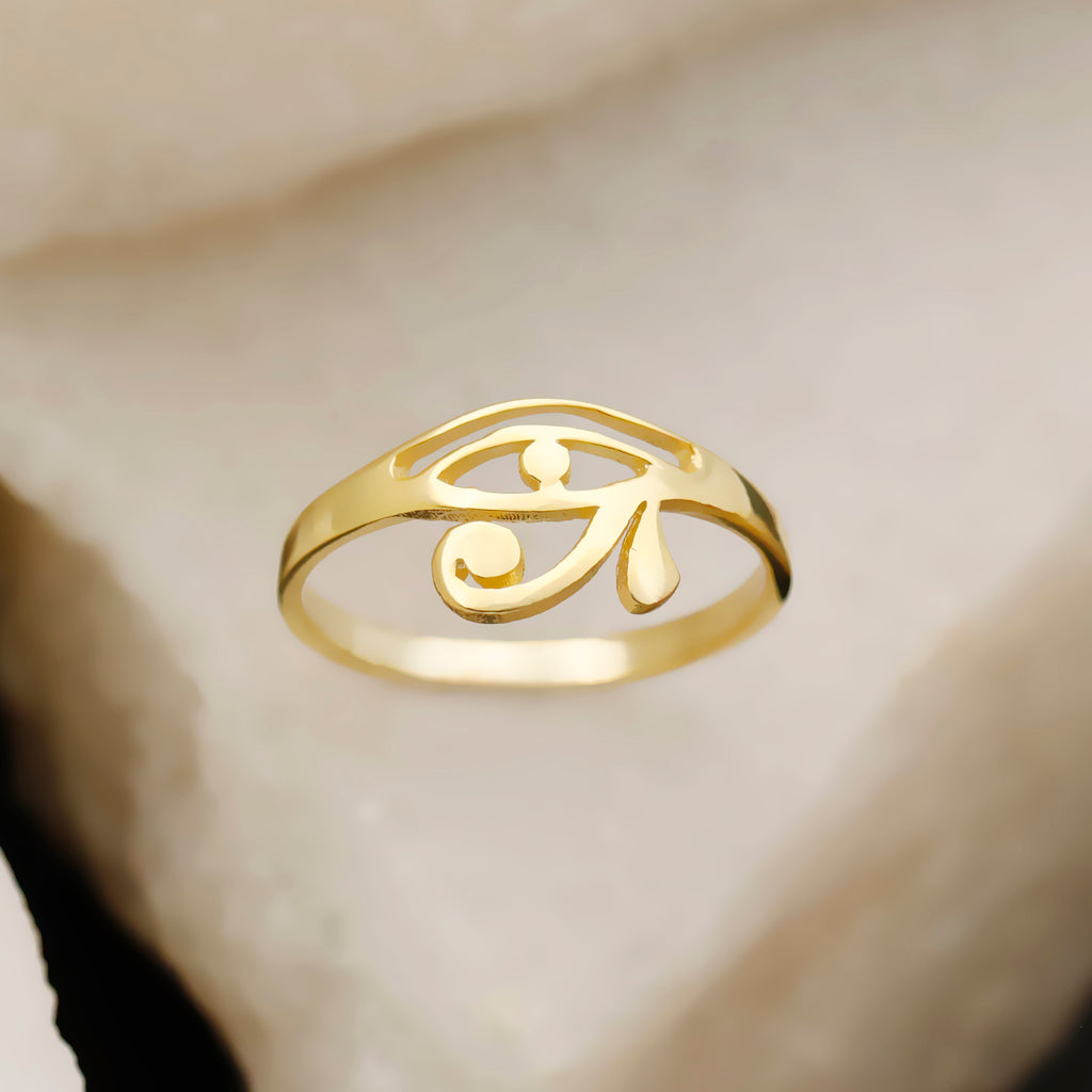 Sterling Silver Eye of Horus Ring – Minimalist Egyptian Symbol Ring, Dainty Openwork Band