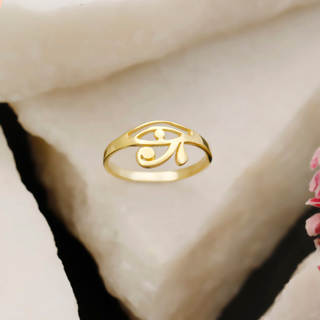 Sterling Silver Eye of Horus Ring – Minimalist Egyptian Symbol Ring, Dainty Openwork Band