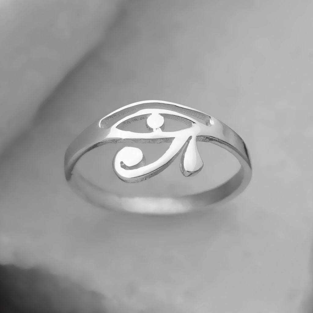 Sterling Silver Eye of Horus Ring – Minimalist Egyptian Symbol Ring, Dainty Openwork Band