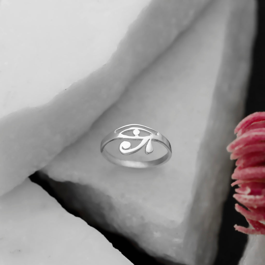 Sterling Silver Eye of Horus Ring – Minimalist Egyptian Symbol Ring, Dainty Openwork Band