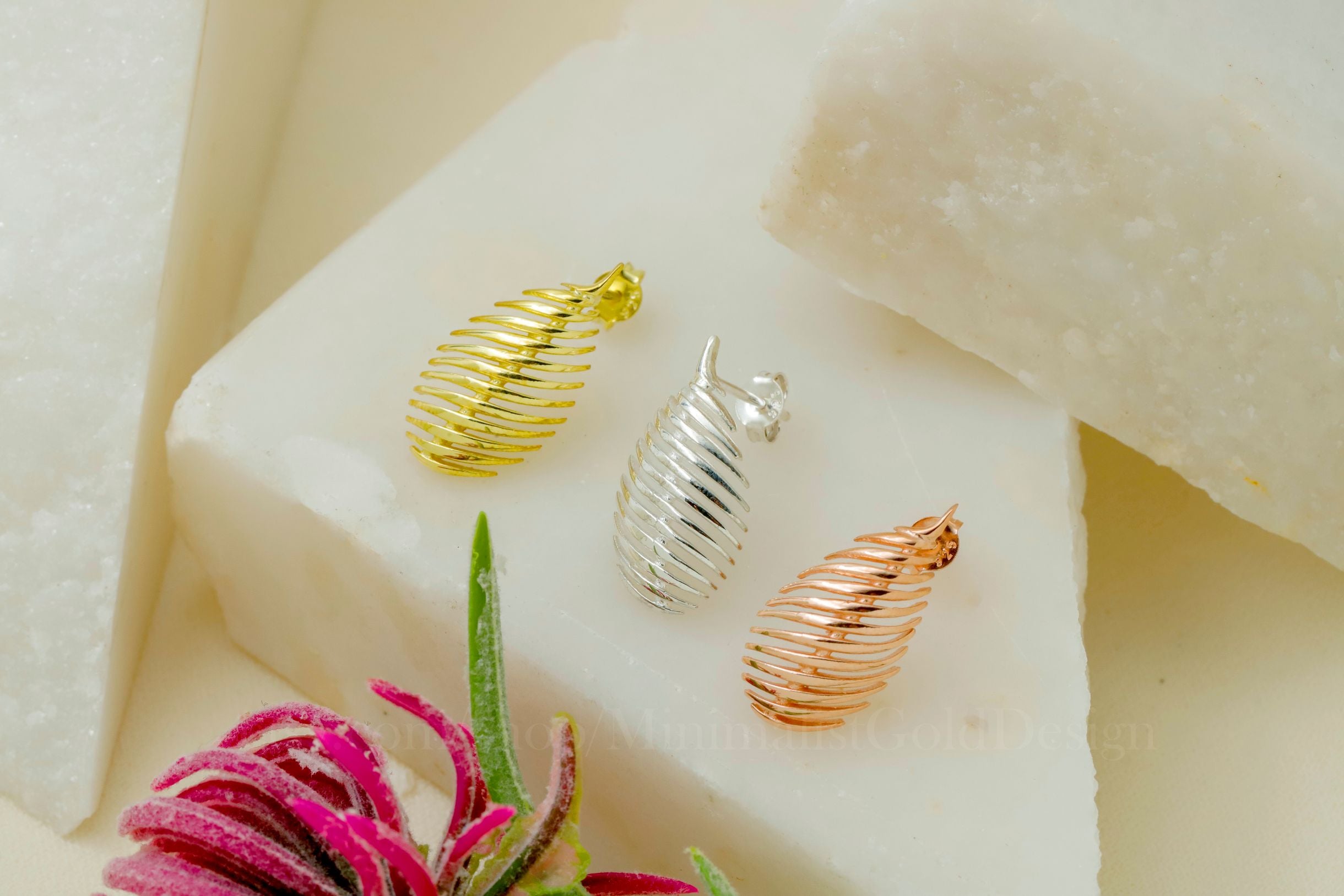 Spiral Stud Earrings – Minimalist Twisted Ribbed Earrings, Modern Statement Studs