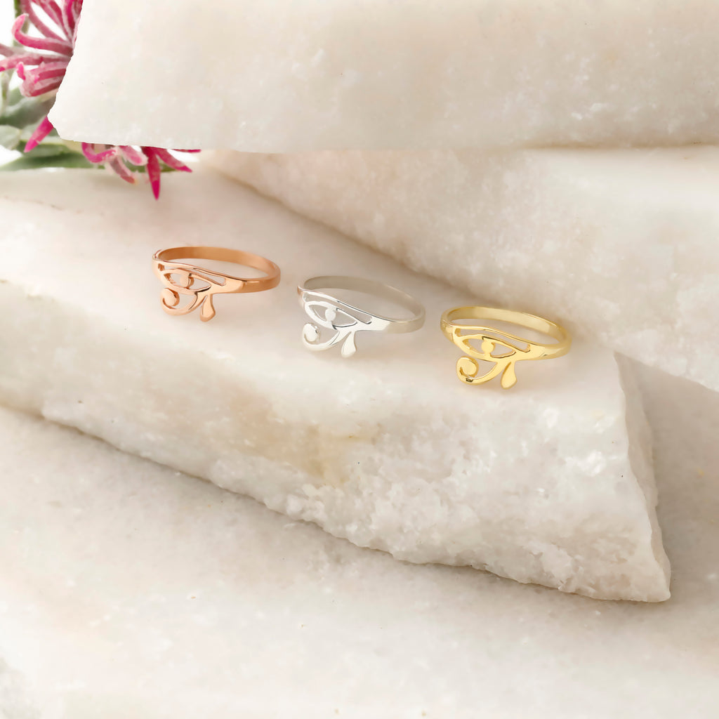 Sterling Silver Eye of Horus Ring – Minimalist Egyptian Symbol Ring, Dainty Openwork Band