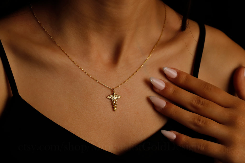 Gold Caduceus Necklace – Medical Symbol Pendant, Dainty Gold Chain Jewelry