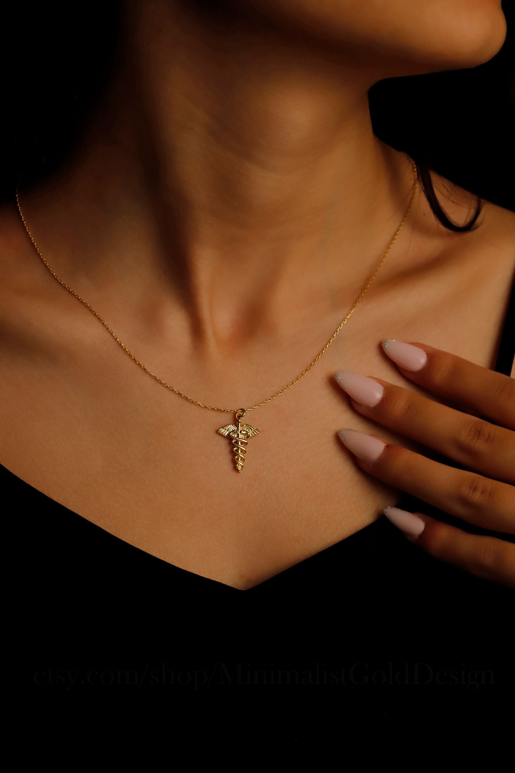 Gold Caduceus Necklace – Medical Symbol Pendant, Dainty Gold Chain Jewelry