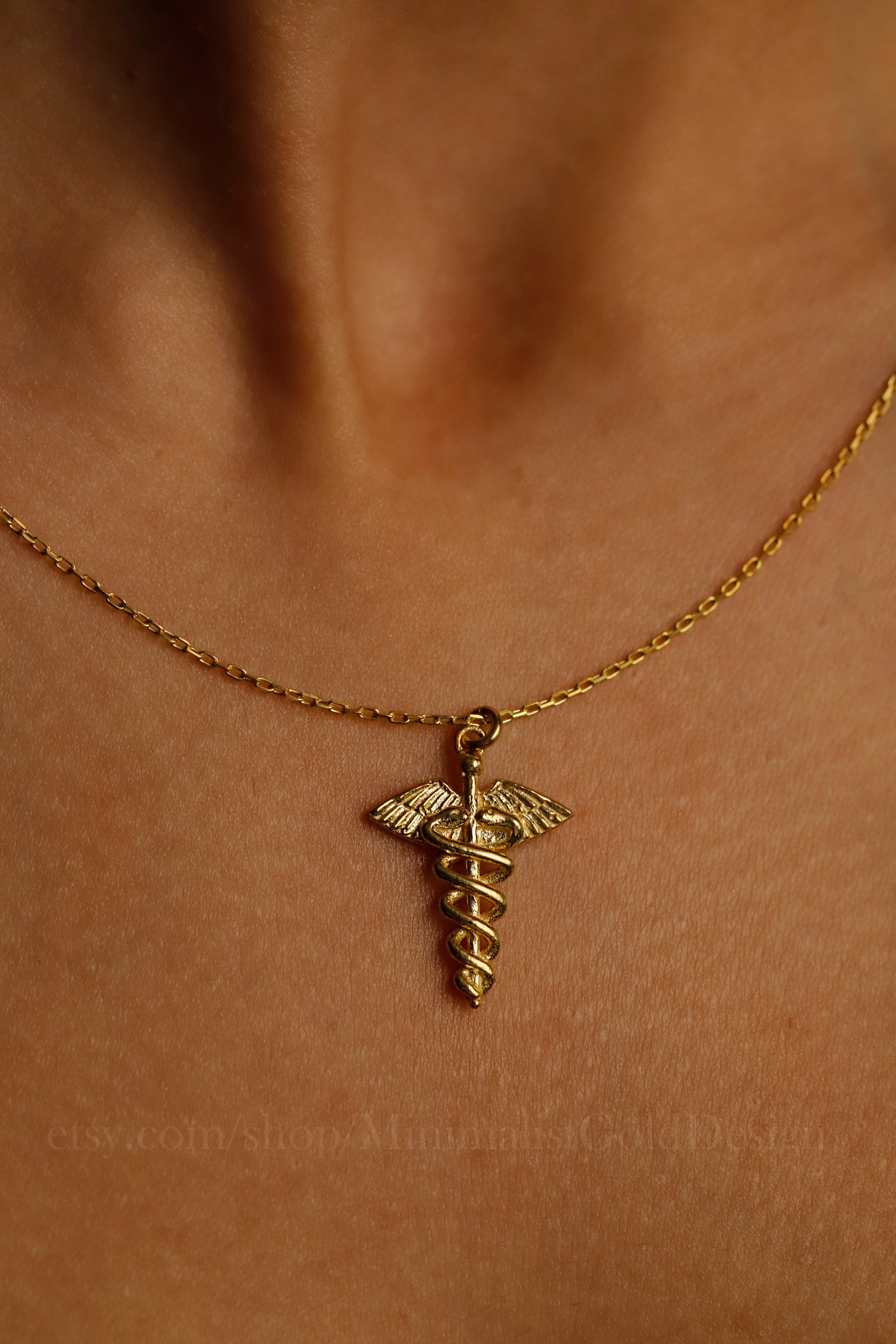 Gold Caduceus Necklace – Medical Symbol Pendant, Dainty Gold Chain Jewelry
