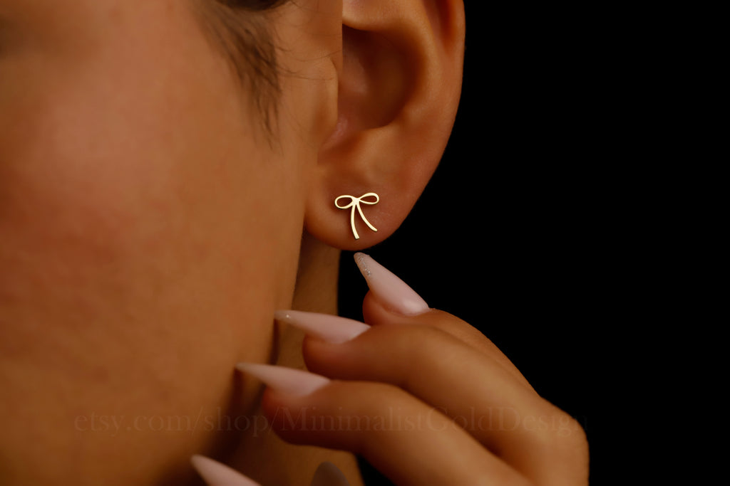 Bow Stud Earrings – Dainty Minimalist Ribbon Earrings, Cute Everyday Jewelry