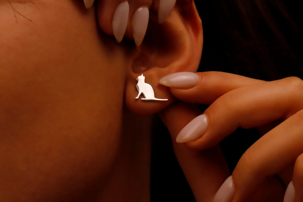 Sterling Silver Cat Stud Earring – Minimal Cat Silhouette Earring