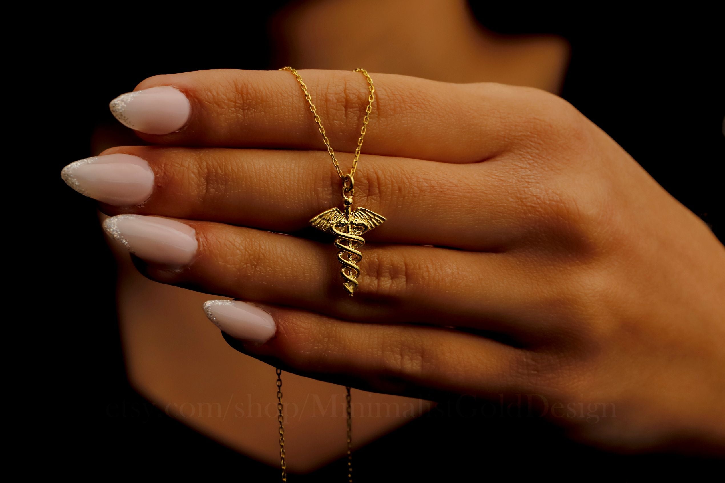 Gold Caduceus Necklace – Medical Symbol Pendant, Dainty Gold Chain Jewelry