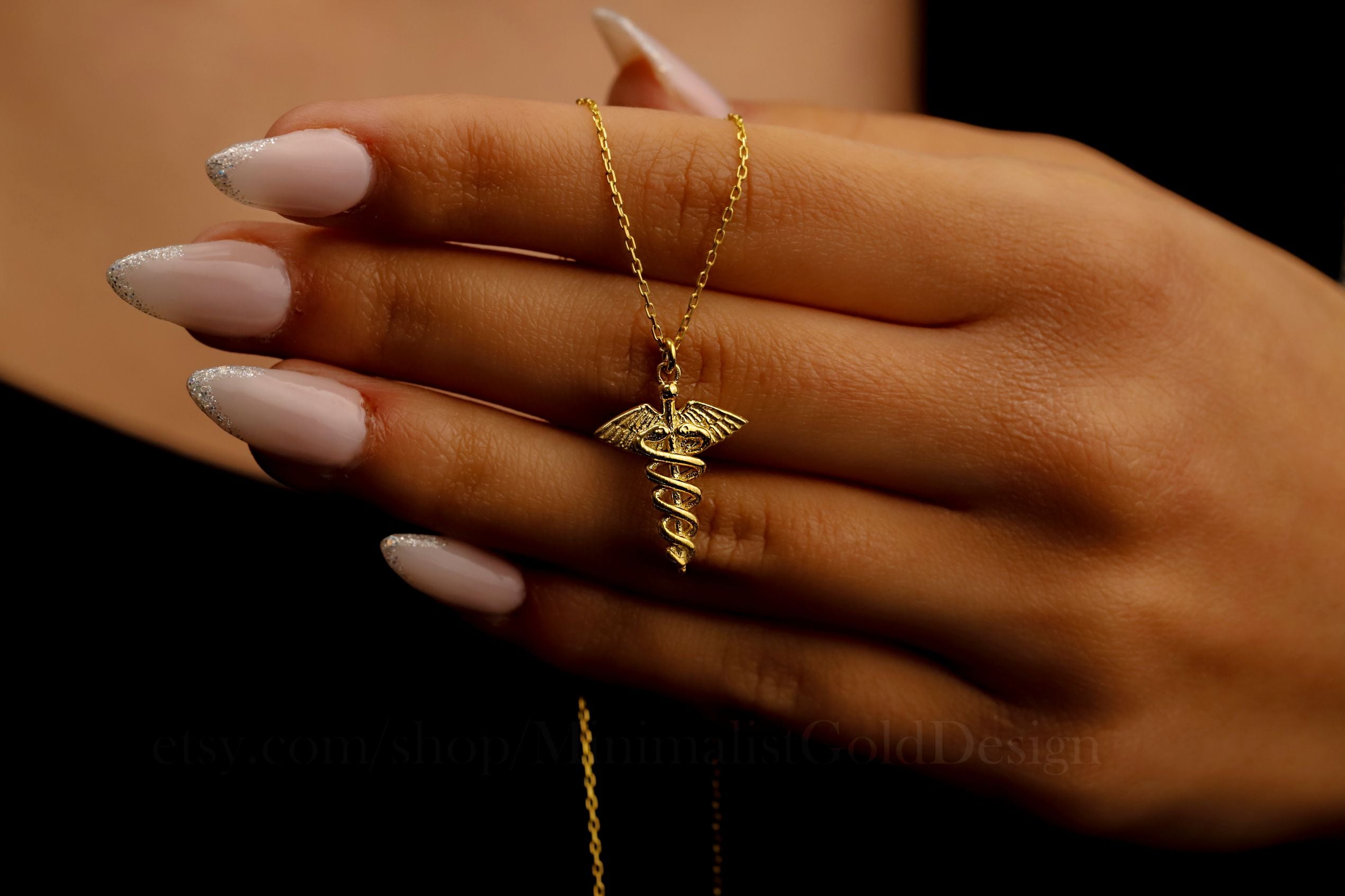 Gold Caduceus Necklace – Medical Symbol Pendant, Dainty Gold Chain Jewelry