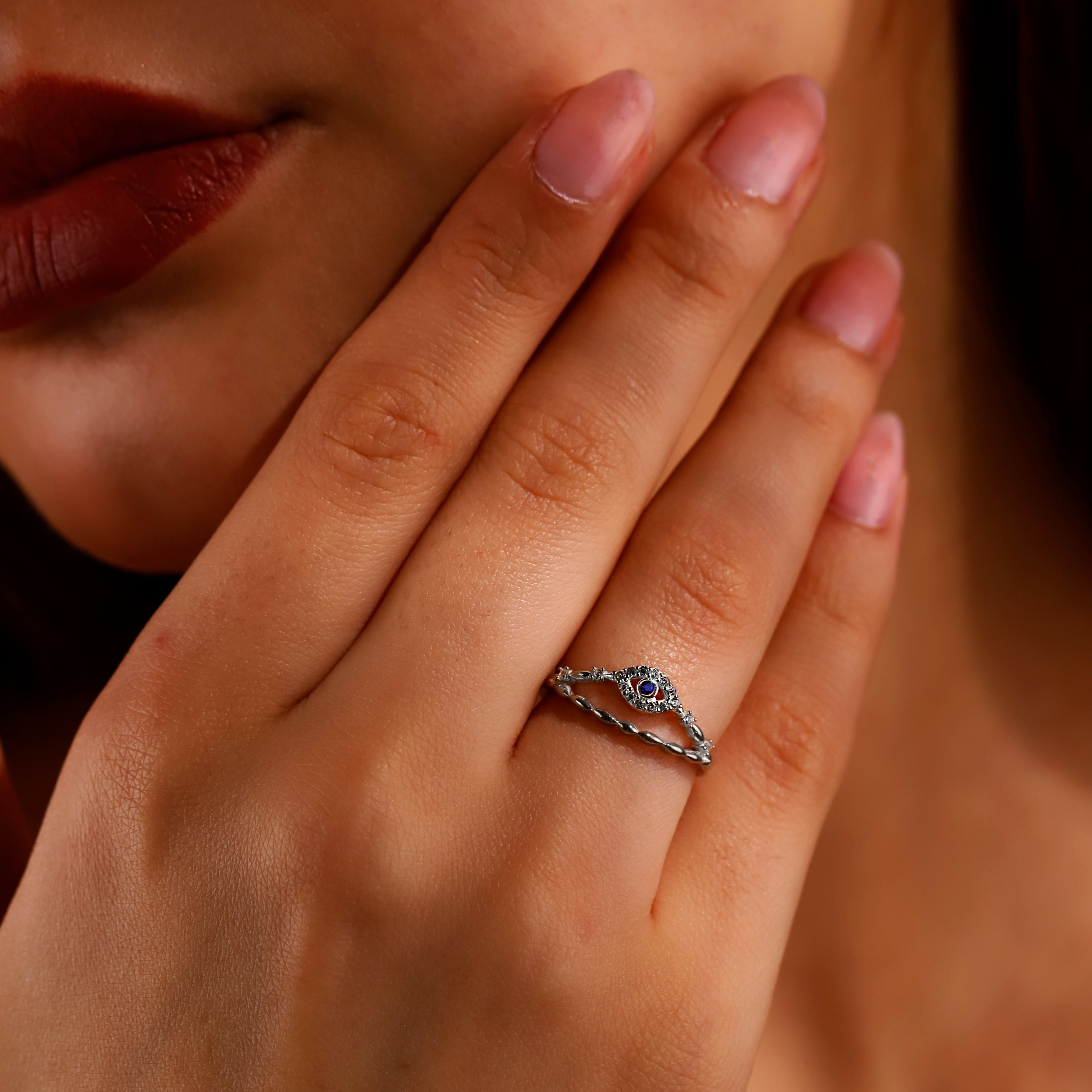 Evil Eye Ring Set, Dainty CZ Eye Ring, Gold Silver Rose Gold Stackable Rings, Minimalist Protection Jewelry