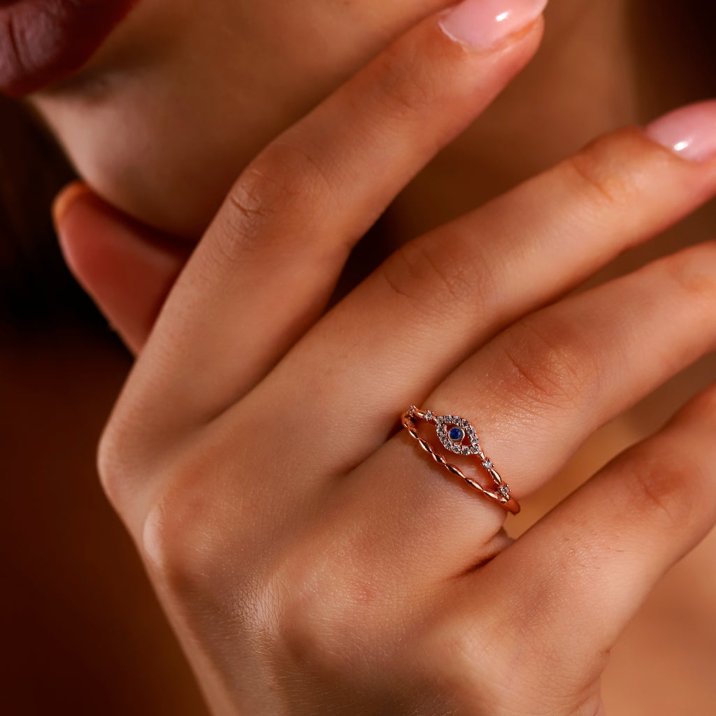 Evil Eye Ring Set, Dainty CZ Eye Ring, Gold Silver Rose Gold Stackable Rings, Minimalist Protection Jewelry