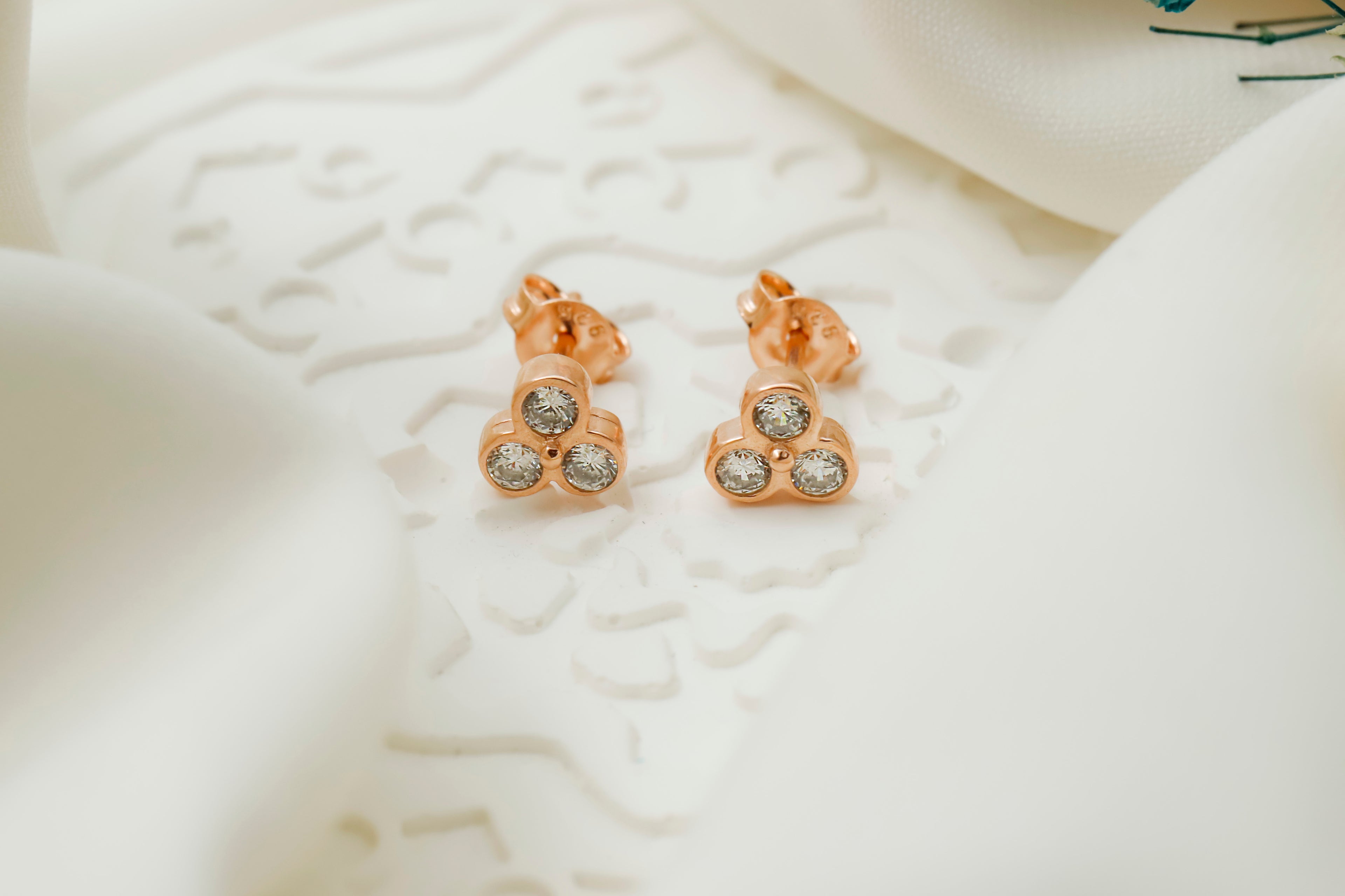 Triple CZ Stud Earrings – Minimalist 3 Stone Dainty Earrings